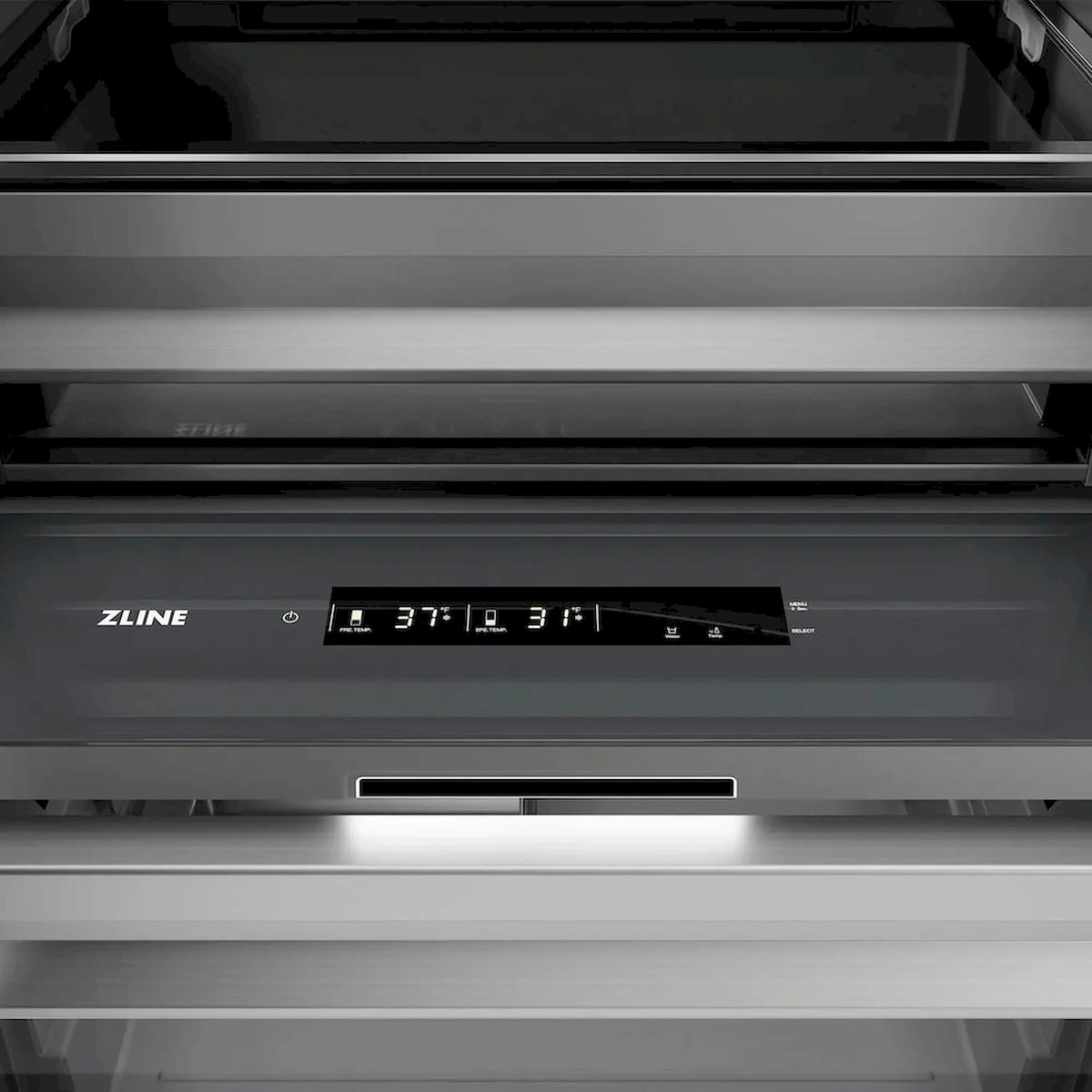 ZLINE panel-ready refrigerator control display above open refrigerated compartment