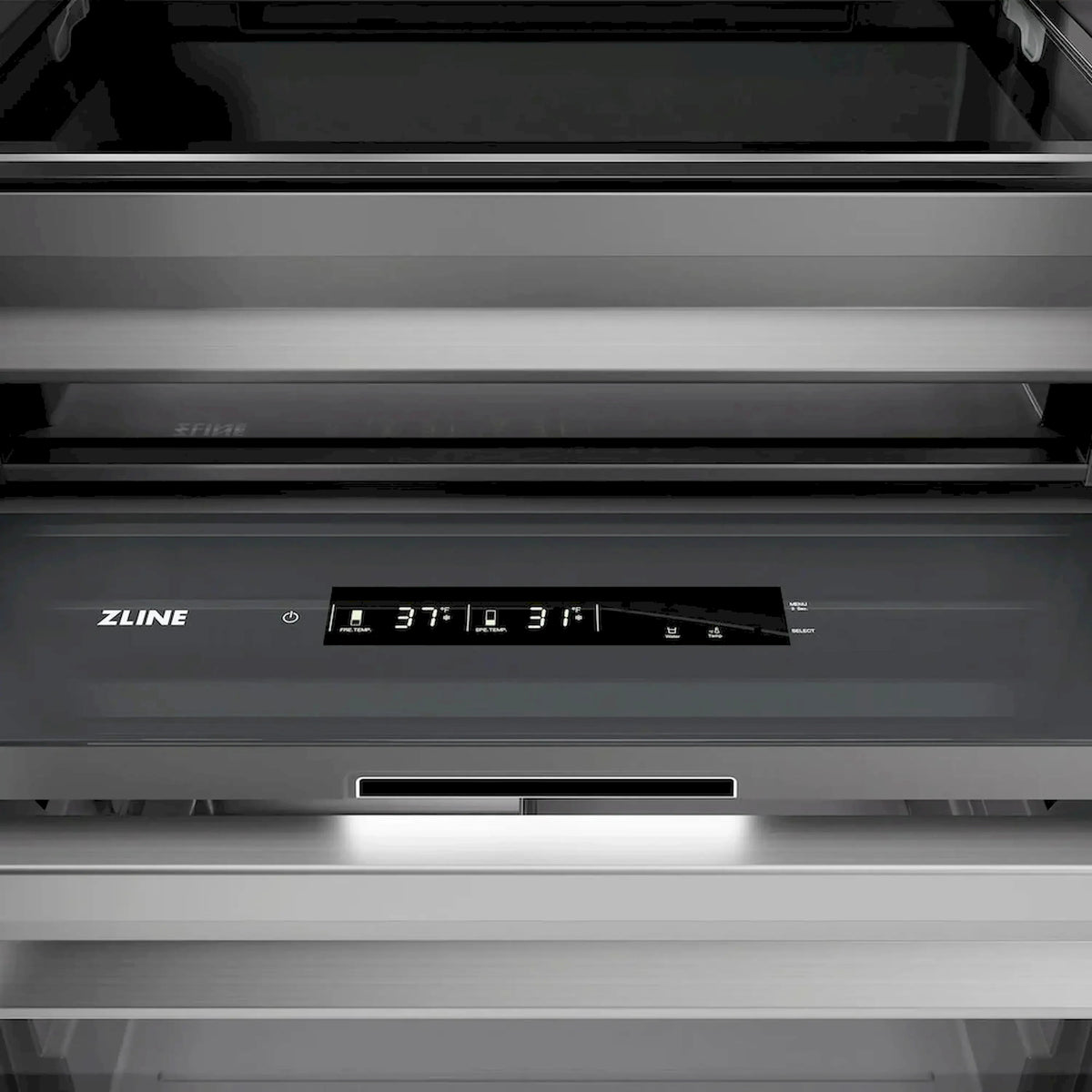 Panel-ready column refrigerator control display on dark graphite interior