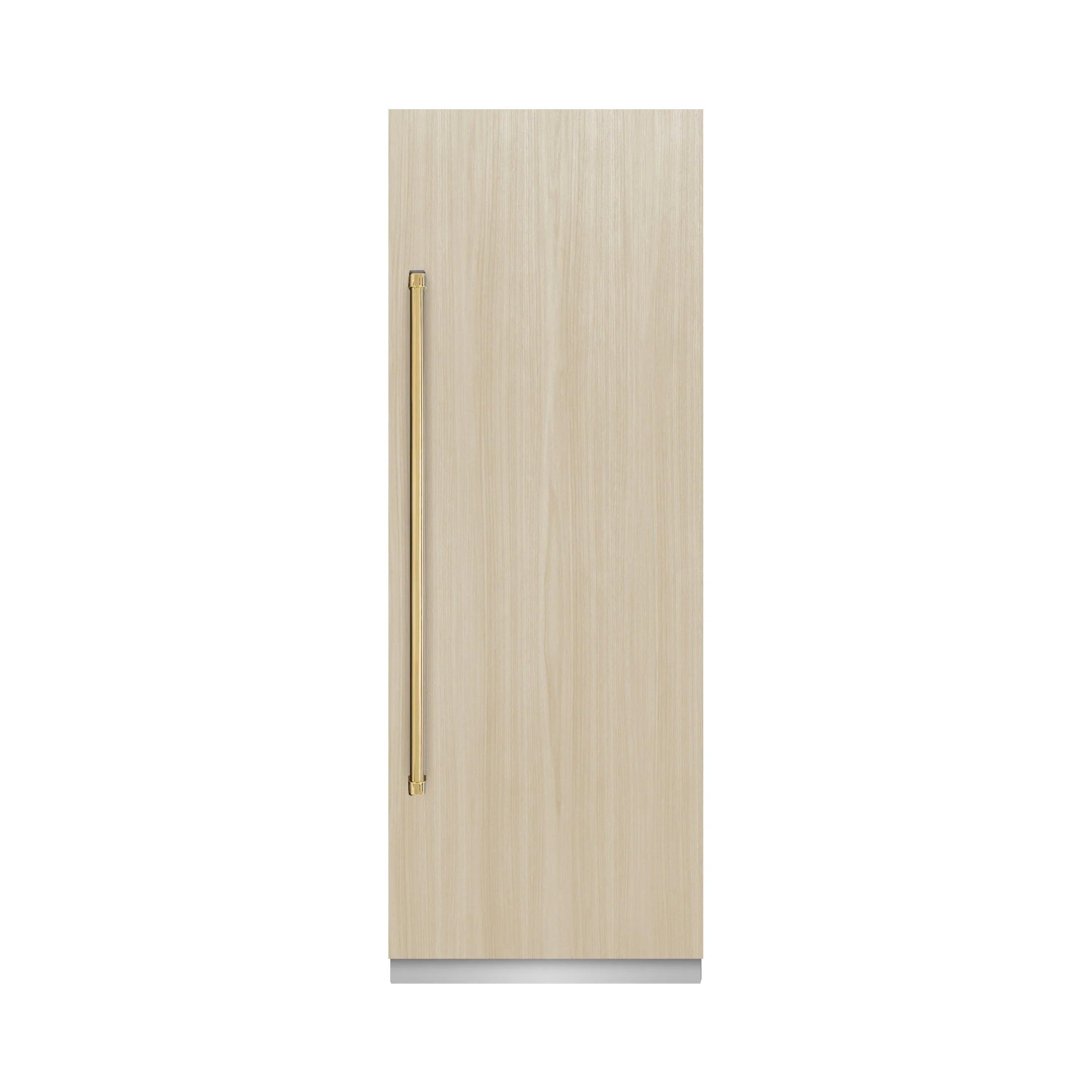 Panel-ready refrigerator door with light wood panel and vertical gold handle