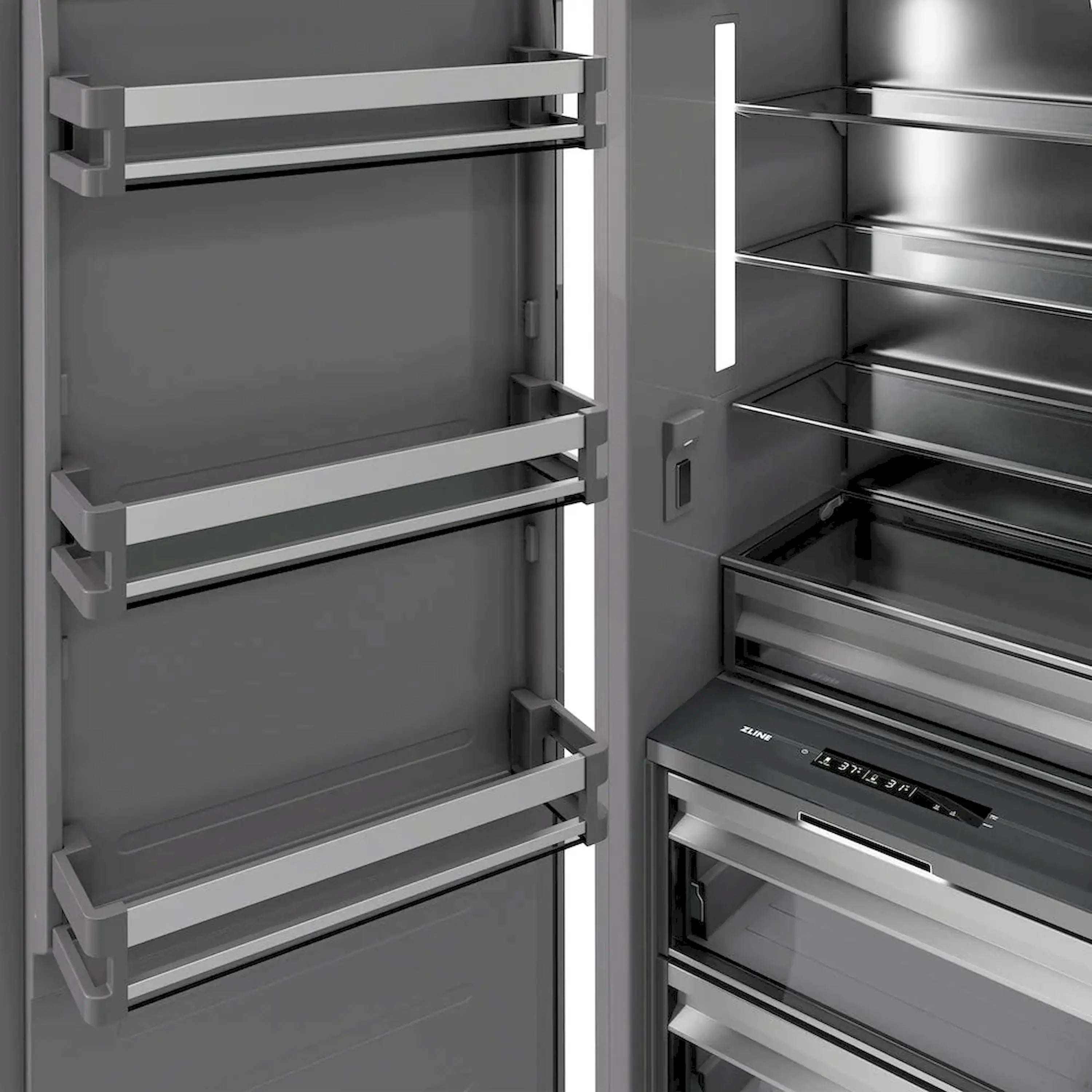 Panel-ready refrigerator/freezer interior with pull-out shelves and door bins