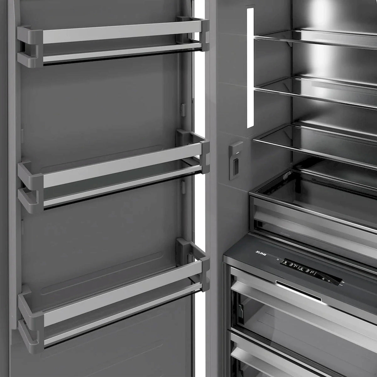 Open refrigerator with adjustable glass shelves and freezer drawer with pull handle
