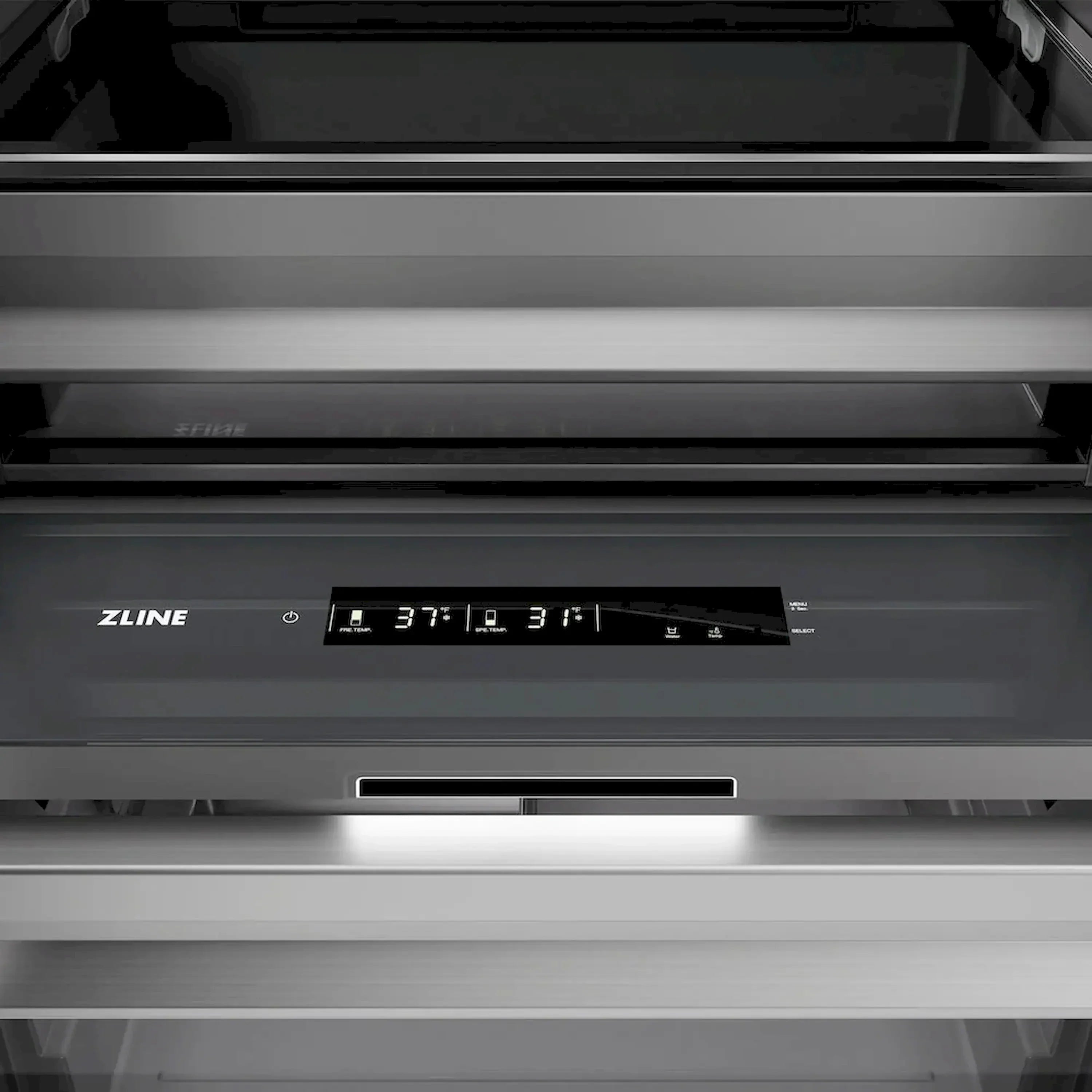 Panel-ready refrigerator/freezer control display with ZLINE branding