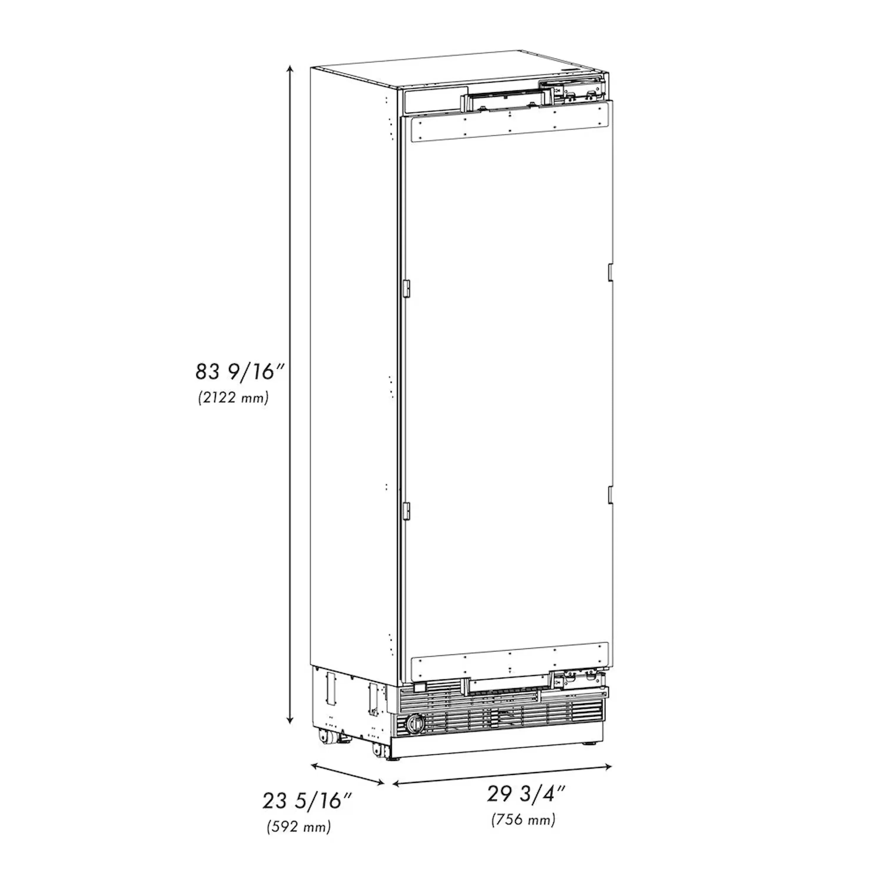 Panel-ready refrigerator-freezer unit with side view and dimension measurements