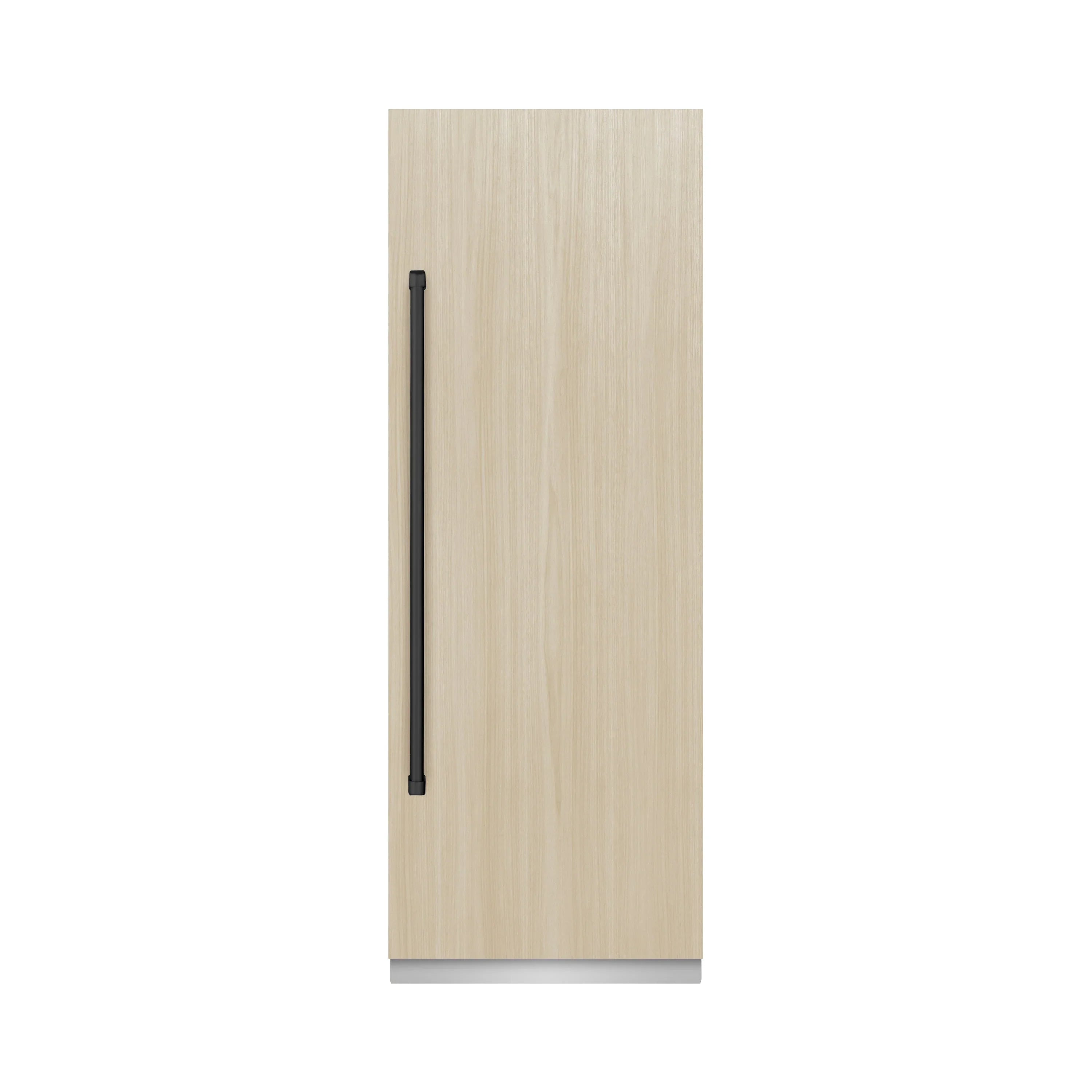 Panel-ready refrigerator front panel with vertical black handle bar on light wood