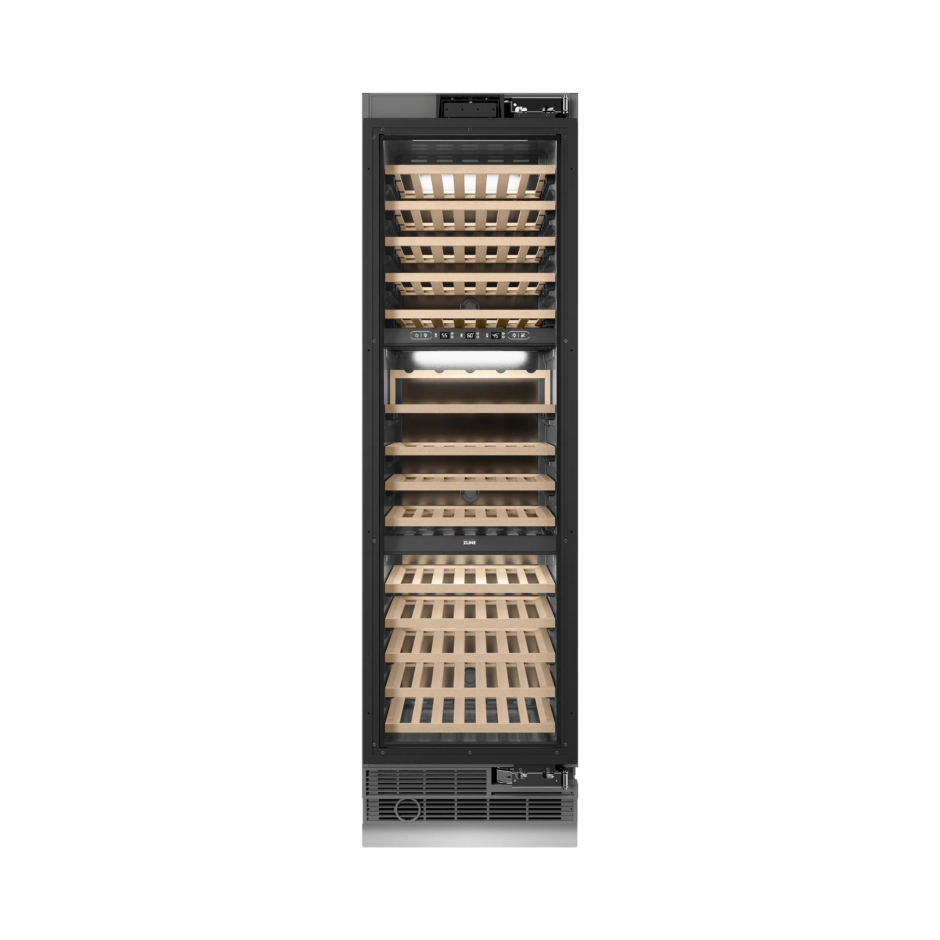 Freestanding wine cooler front with wooden shelves and bottle storage racks