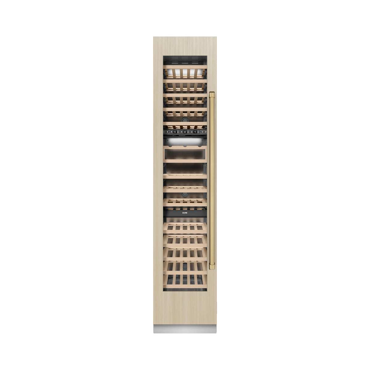 Panel-ready wine cooler with light wood door and built-in wine racks