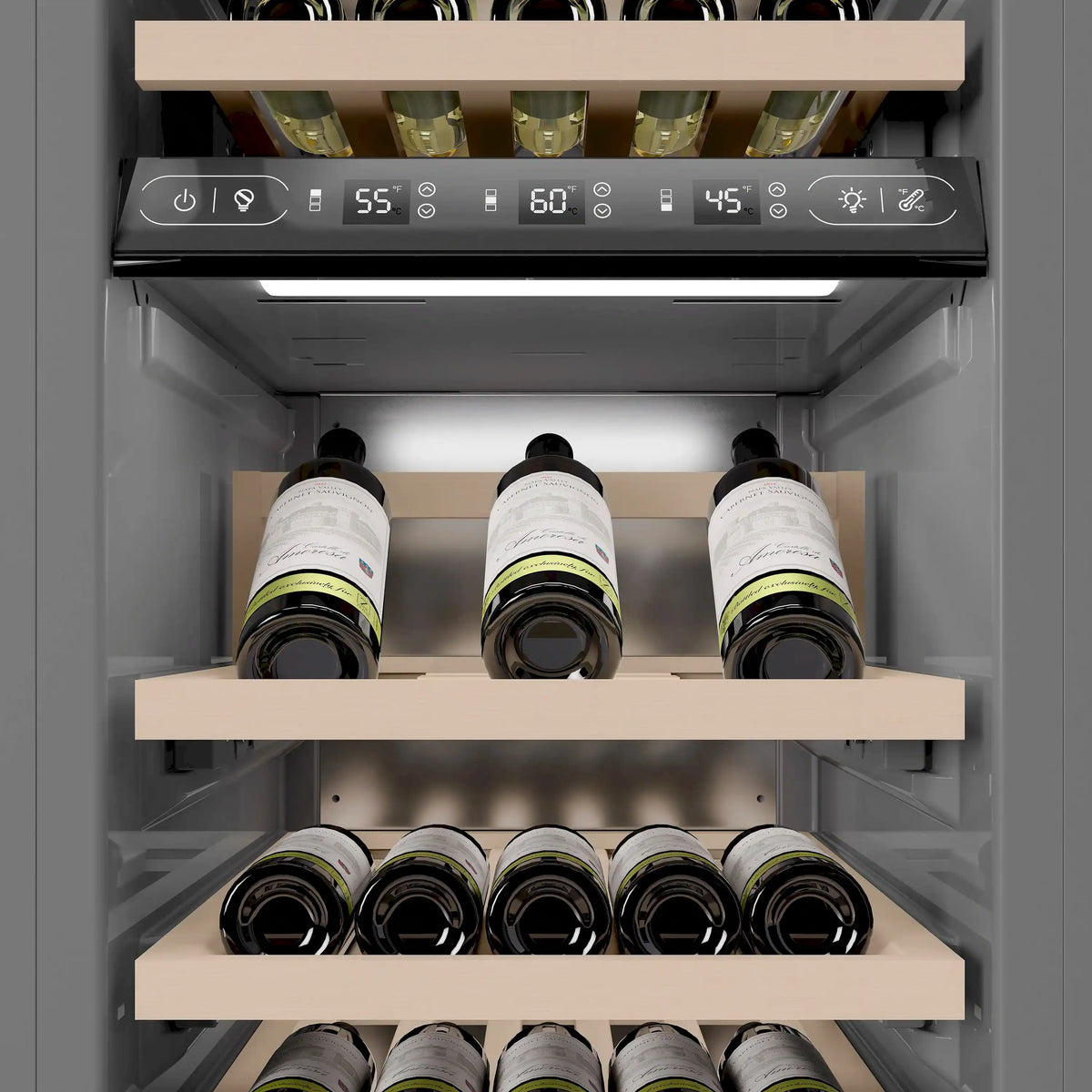 Wine cooler with bottles on light wood shelves and an illuminated control panel near the top