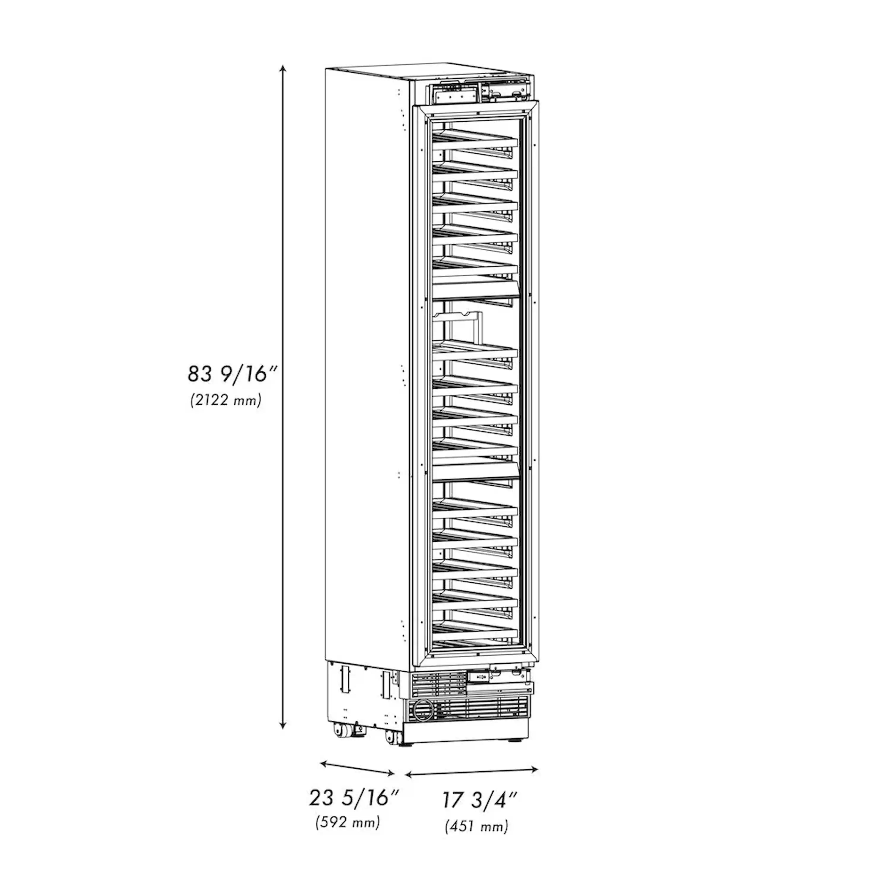 Wine cooler side view with height and width measurements diagram
