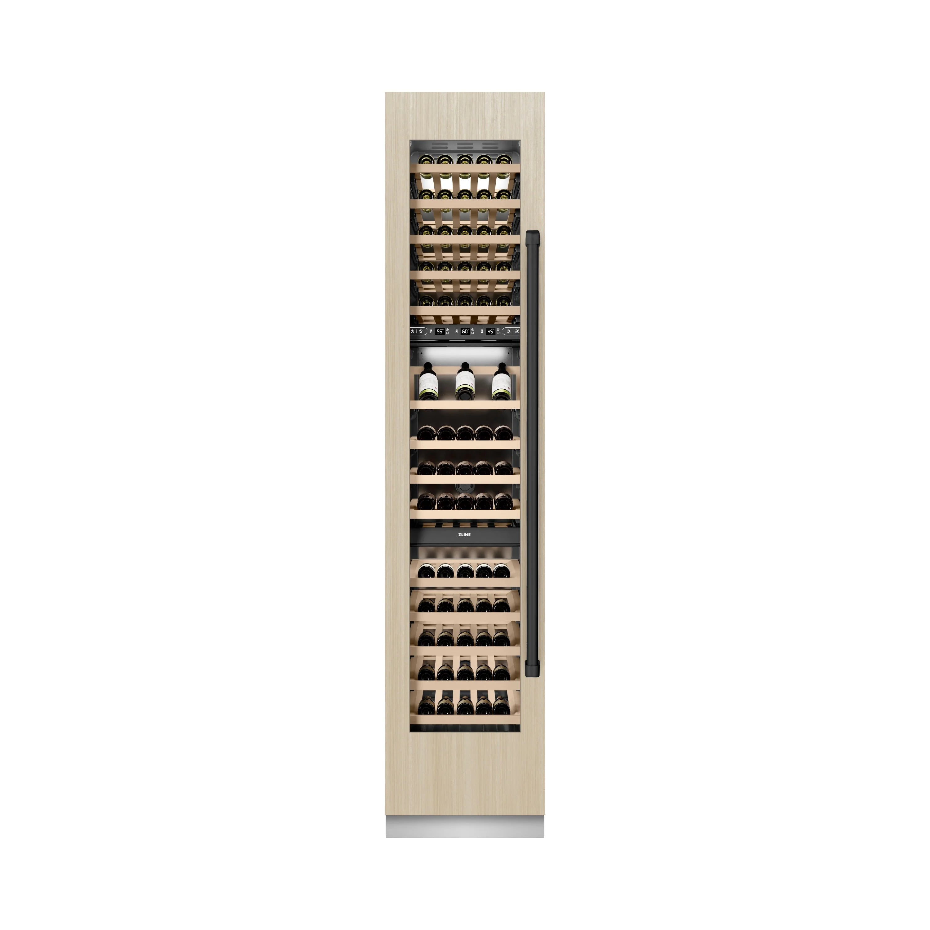 Panel-ready wine cooler column with birch wood racks and bottles on shelves