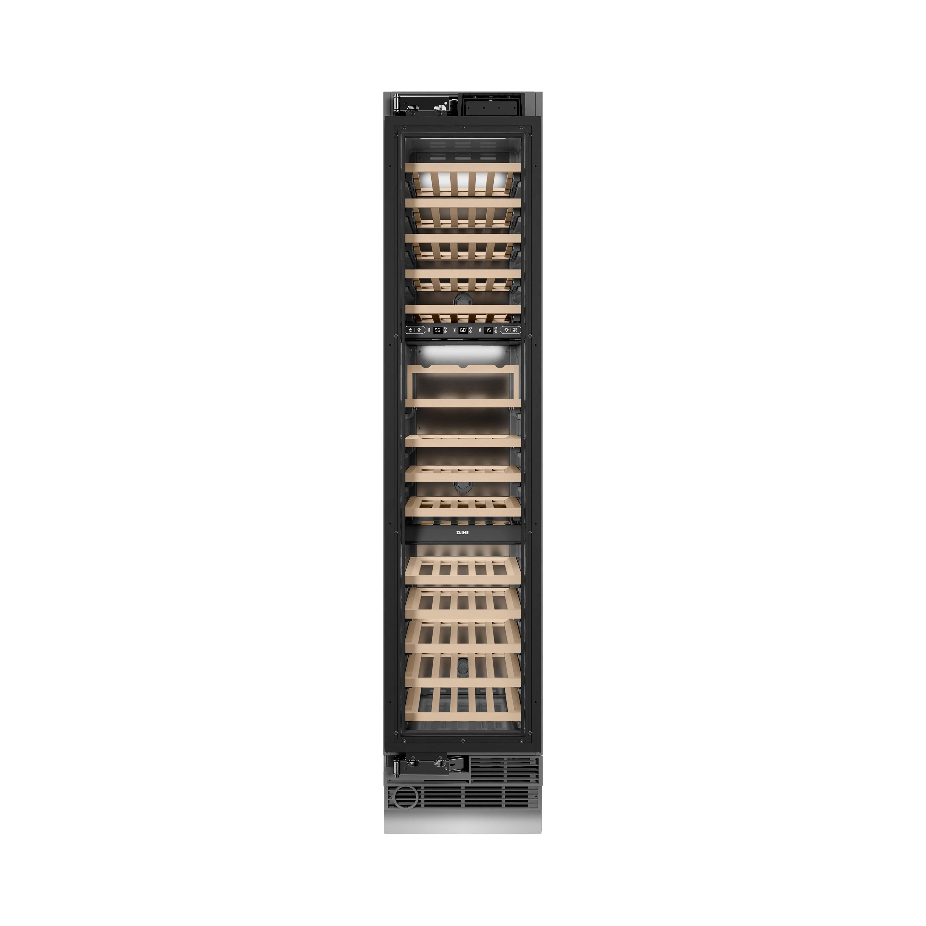 Matte black built-in wine cooler column with open racks for bottle storage