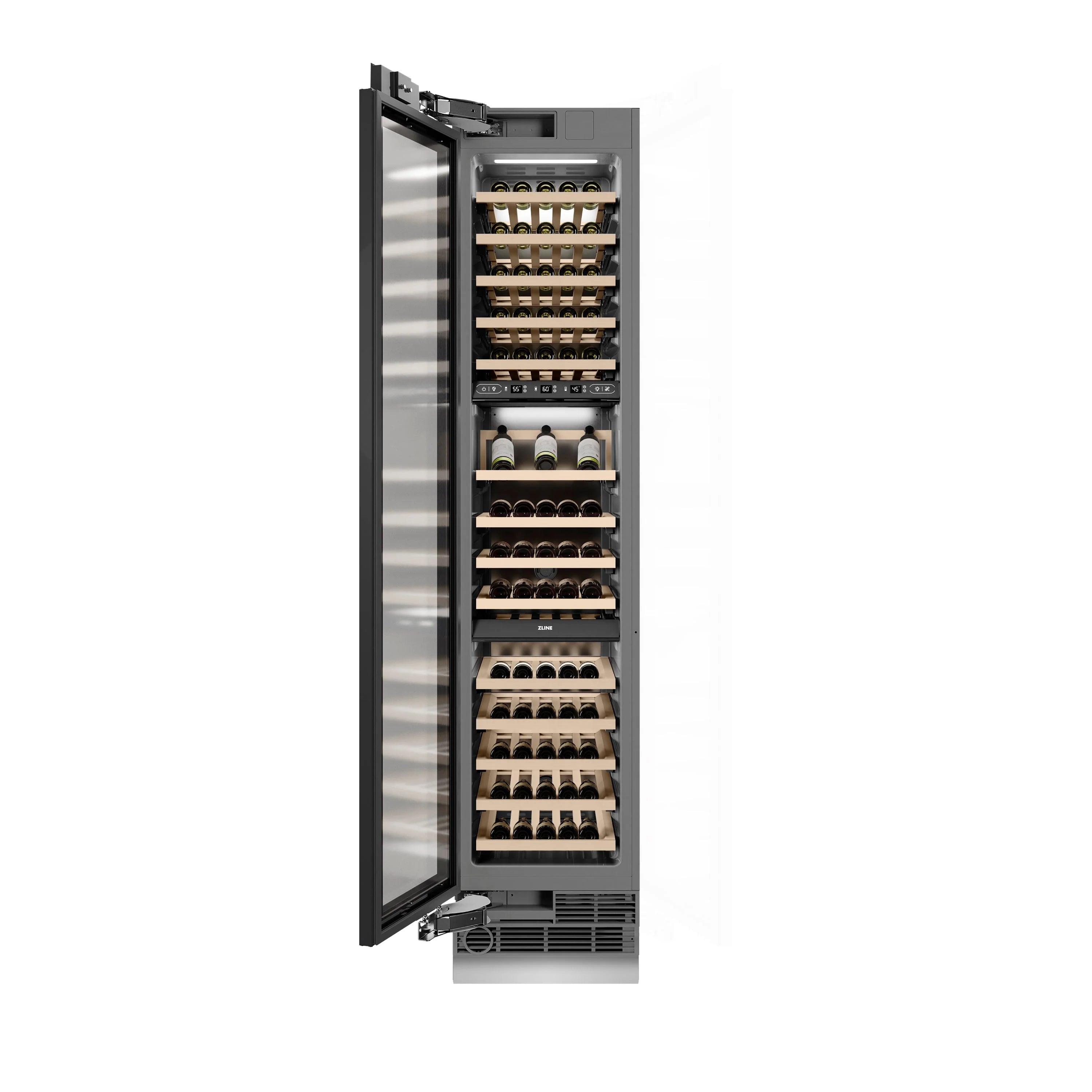 Panel-ready wine cooler column with open door showing bottle shelves and racks