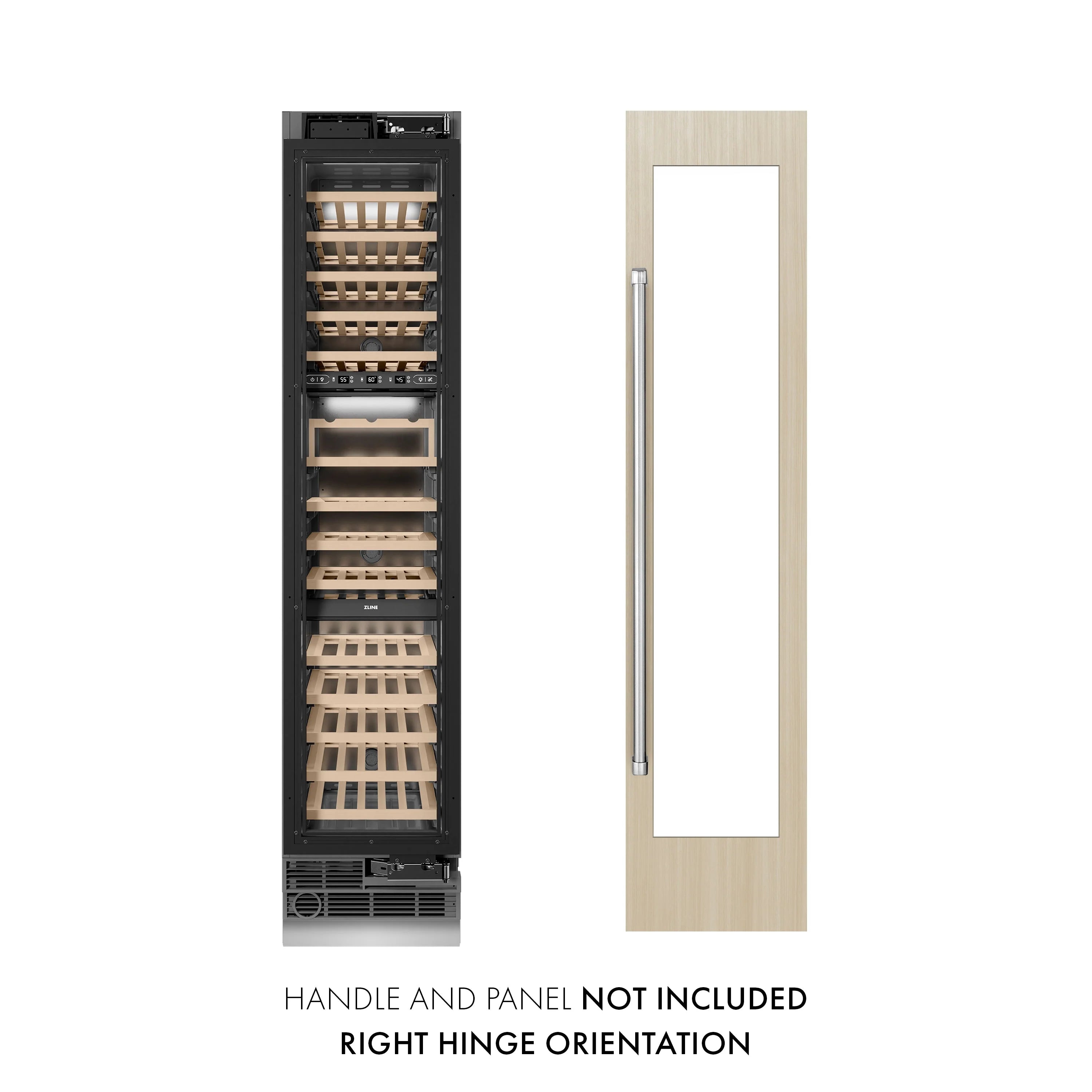 Right-hinged wine cooler with open door and empty light wood racks
