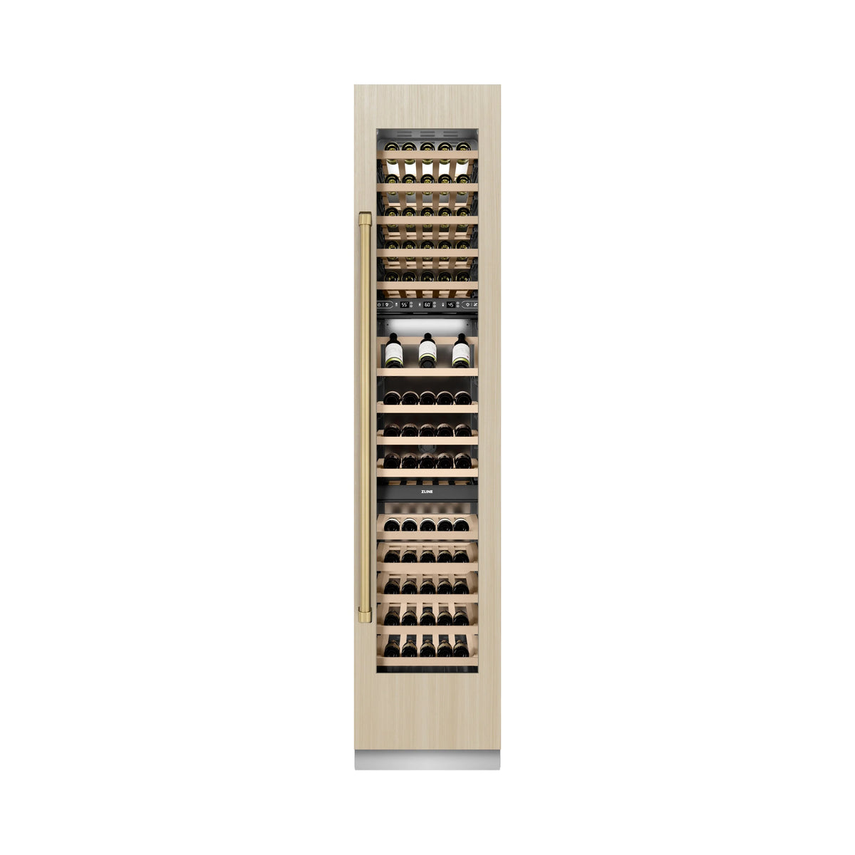 Panel-ready wine cooler with light wood exterior and champagne bronze handle accents
