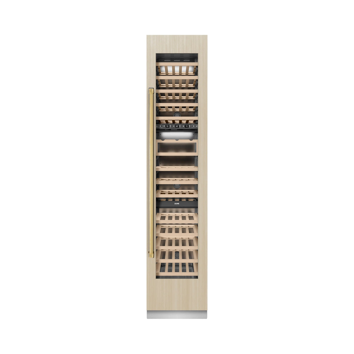Panel-ready wine cooler with light wood front panel and gold handle accent