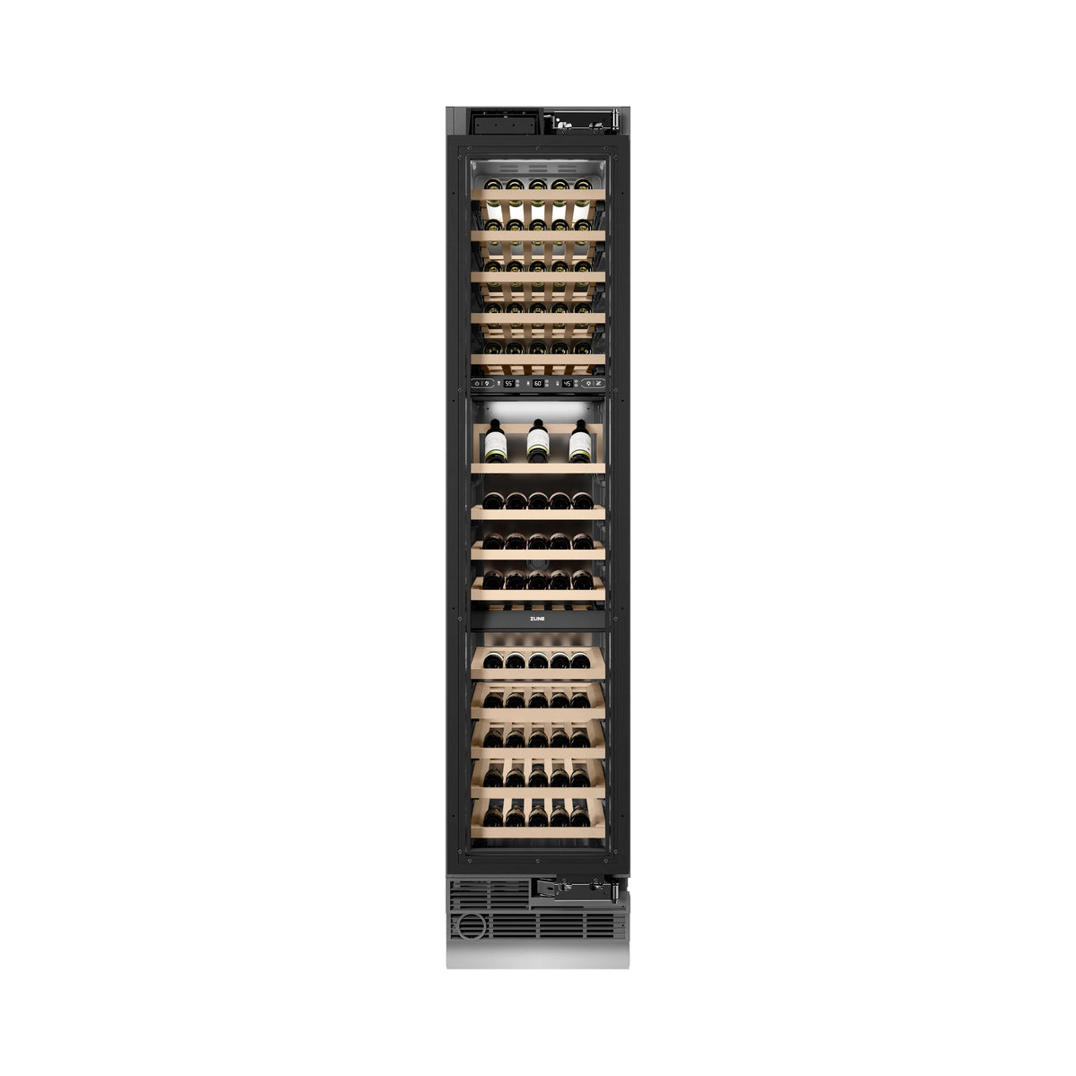 Panel-ready wine cooler with dark front panel and gold handle accent
