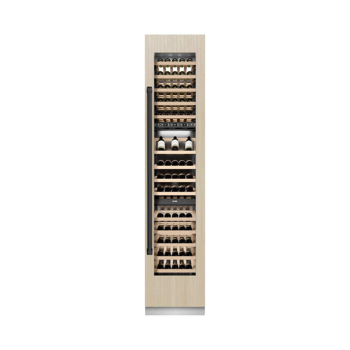 Panel-ready wine cooler shown in side view with front black handle
