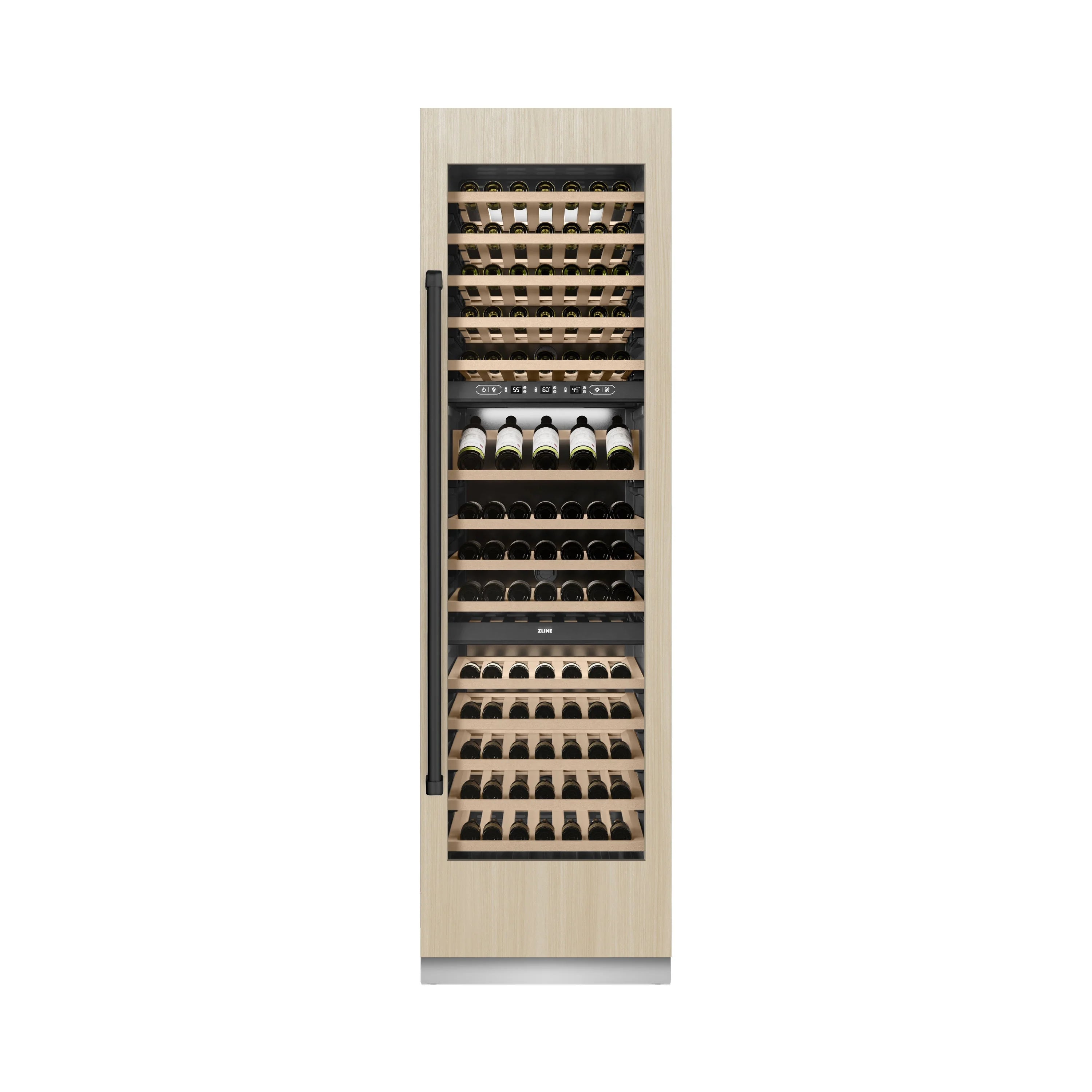 Panel-ready column wine cooler with wood interior racks and bottle rows