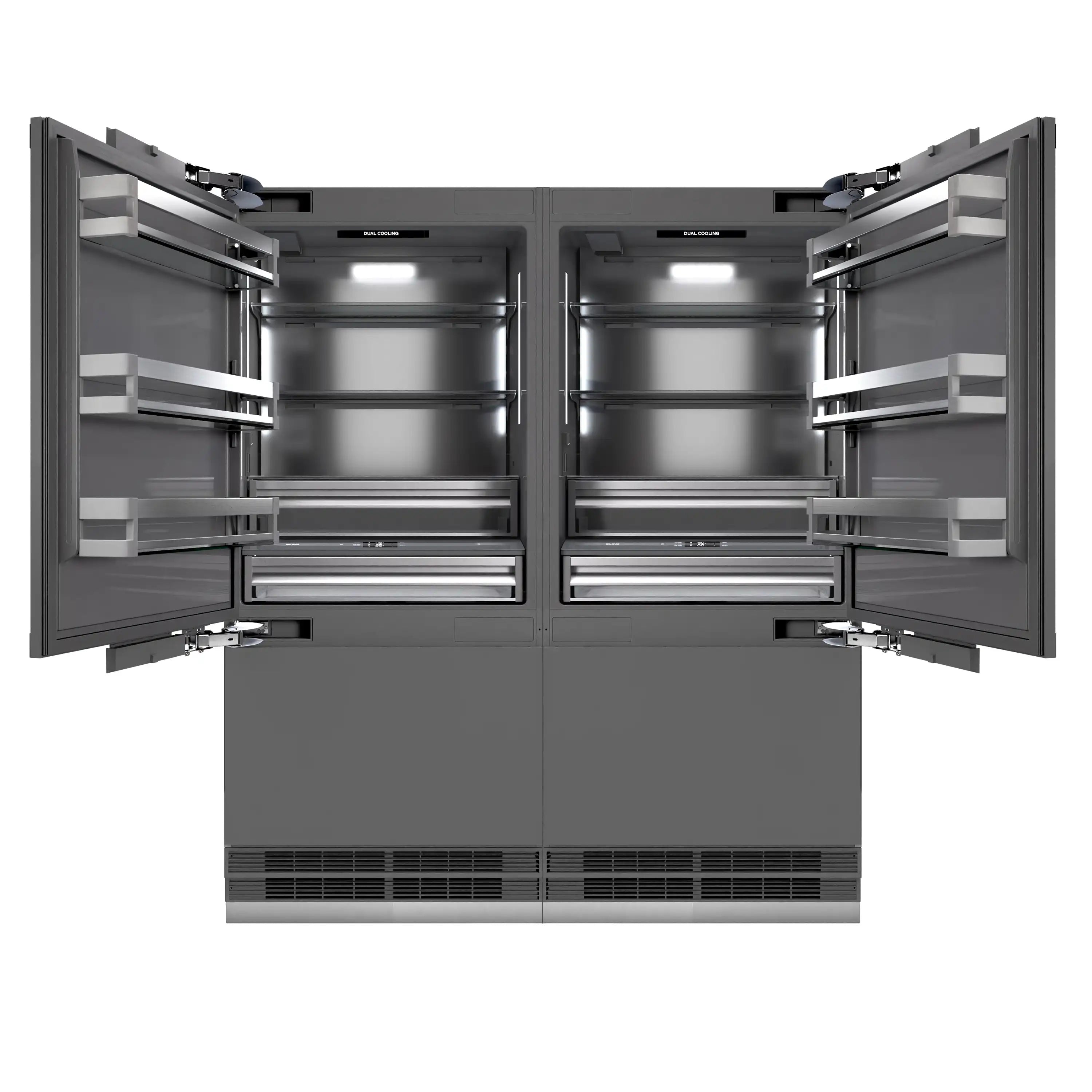 Open French door refrigerator with adjustable shelves and freezer drawer, graphite gray interior