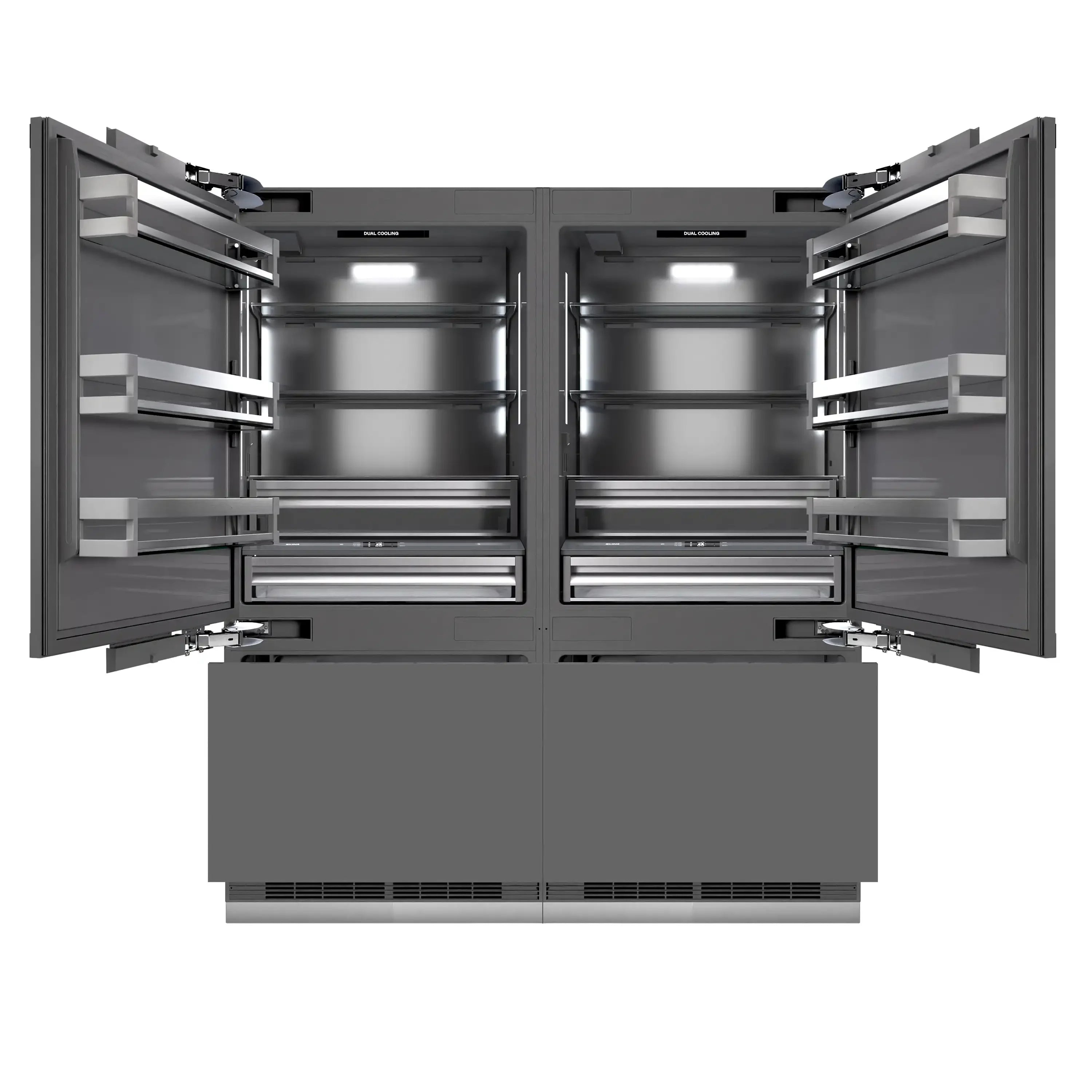 Panel-ready French door bottom freezer refrigerator with open compartments, graphite gray interior.