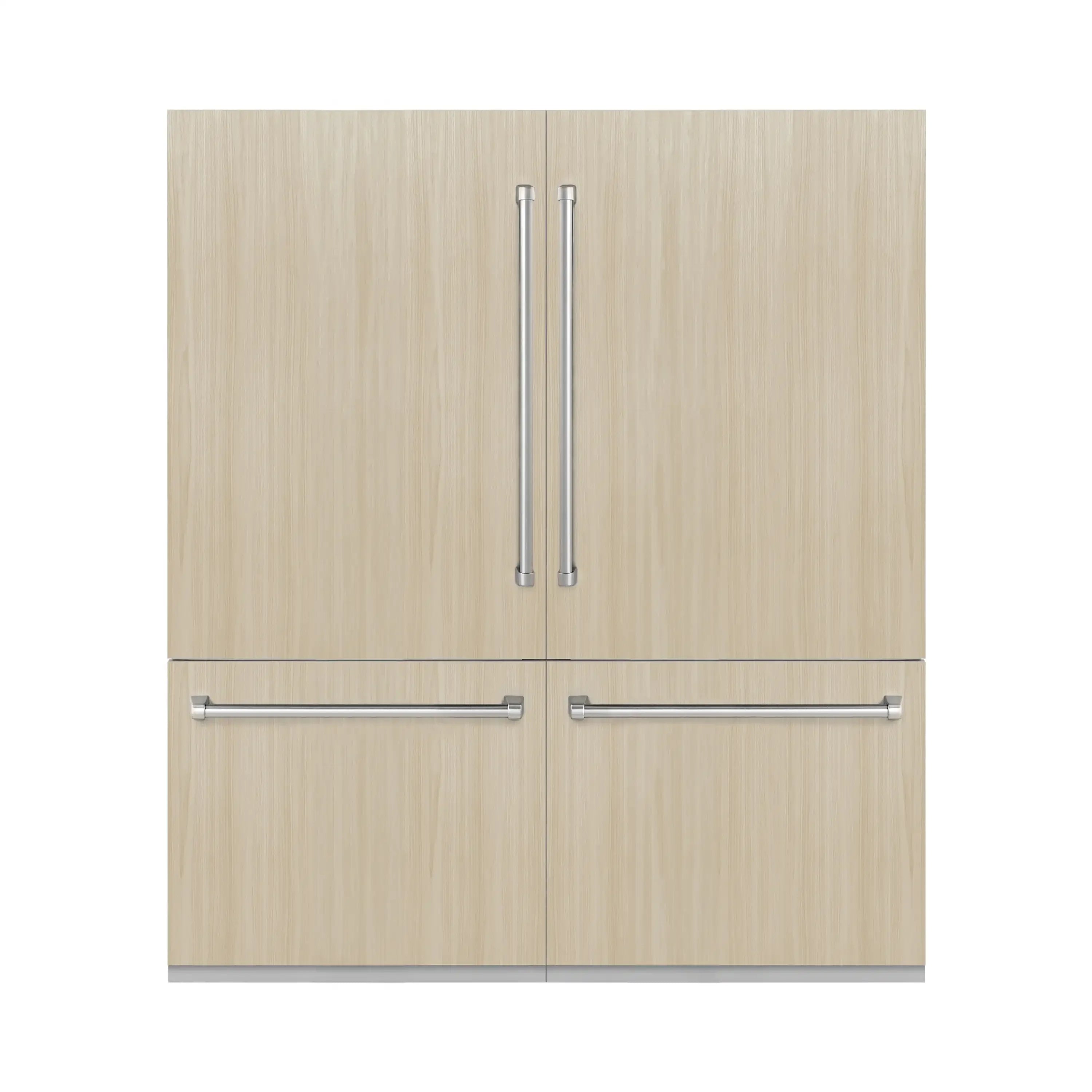 Panel-ready French door refrigerator with light wood-look cabinet panels and bar handles (not included).