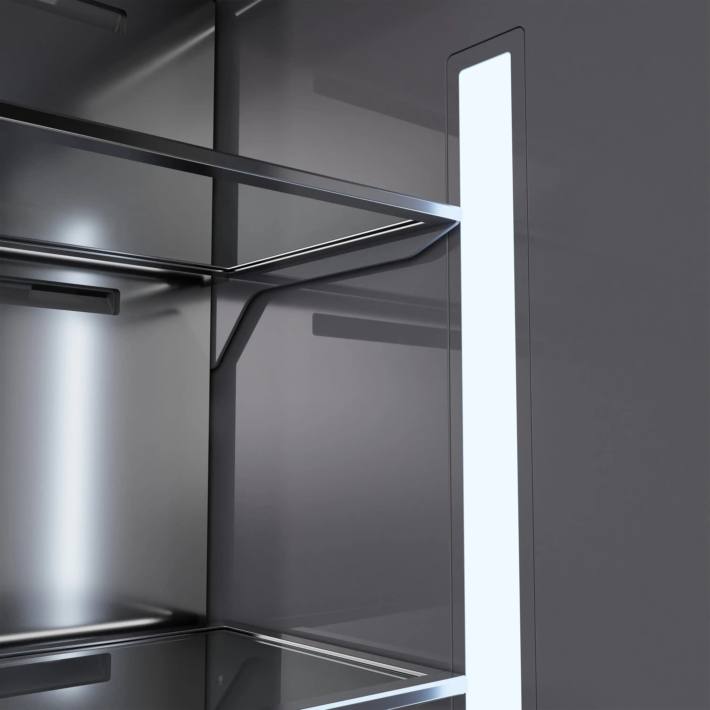 Panel-ready built-in French door refrigerator, graphite interior, open door shelves