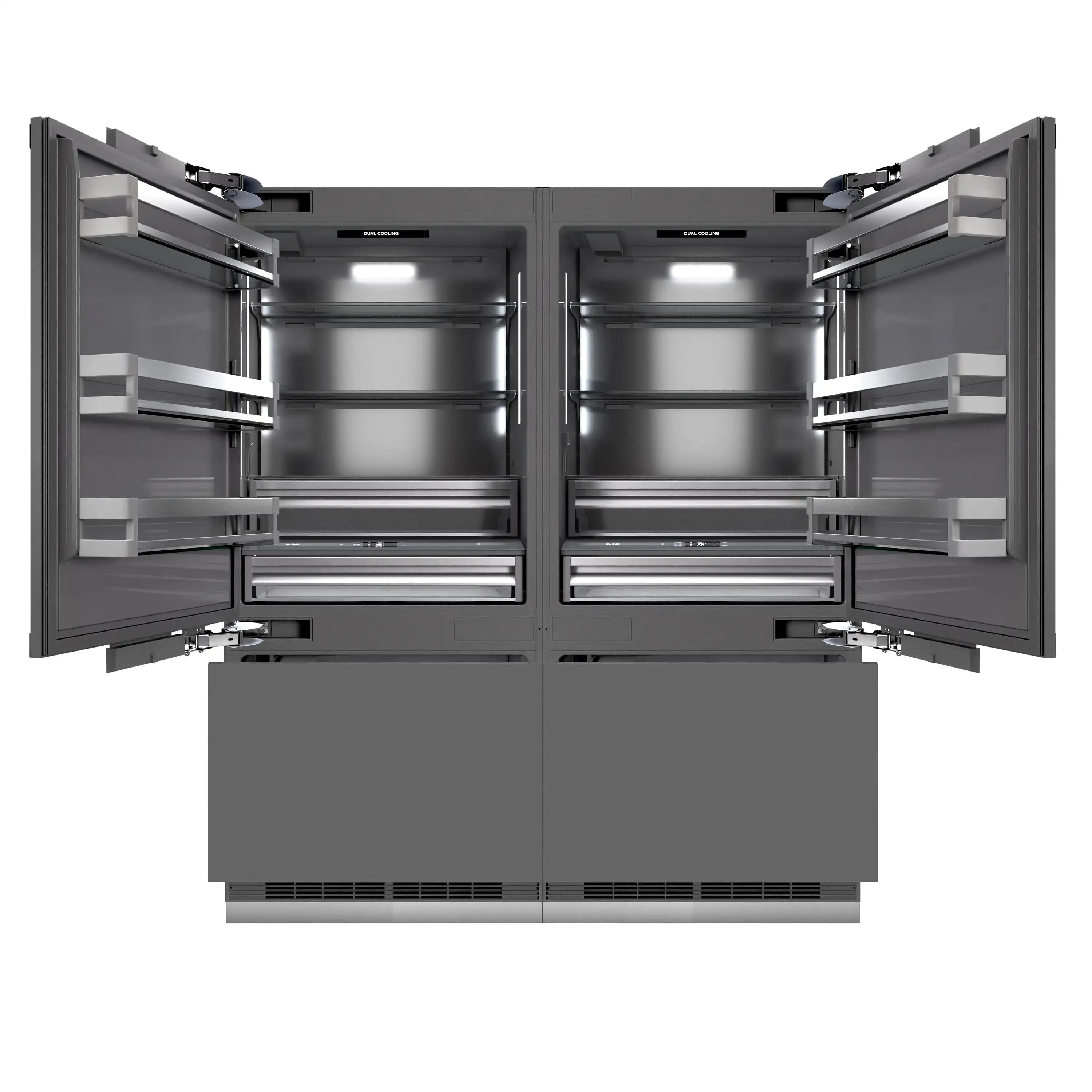 Open refrigerator interior view with center divider, shelves, and pull-out drawers