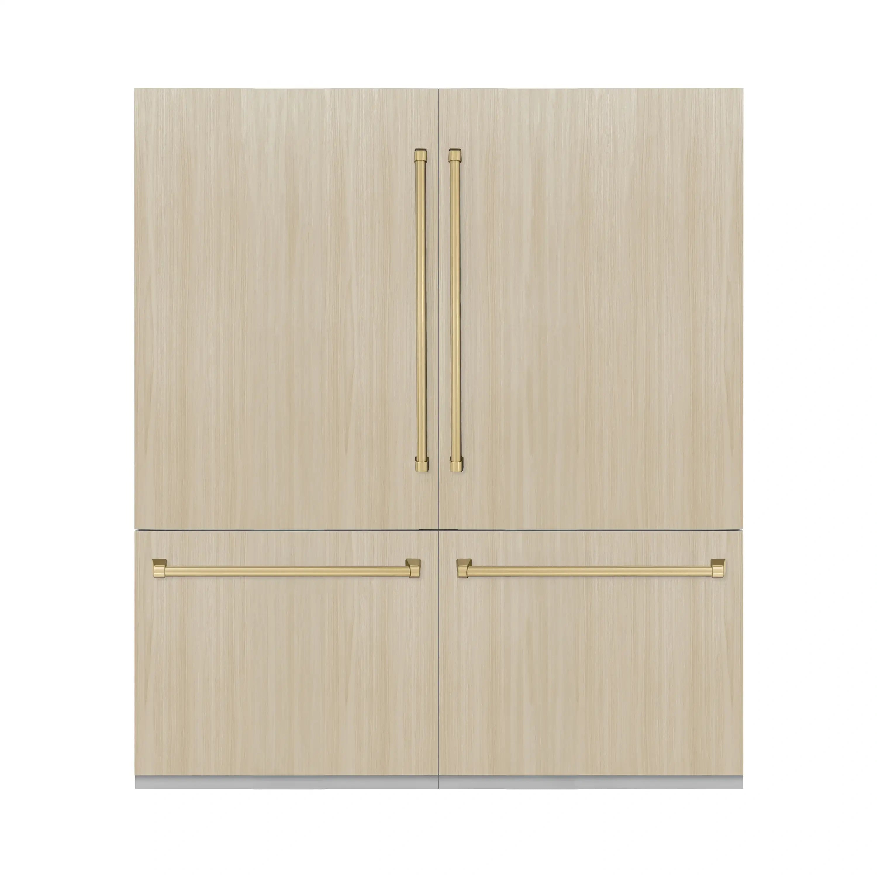 Panel-ready French door refrigerator with light wood panels and bronze pull handles