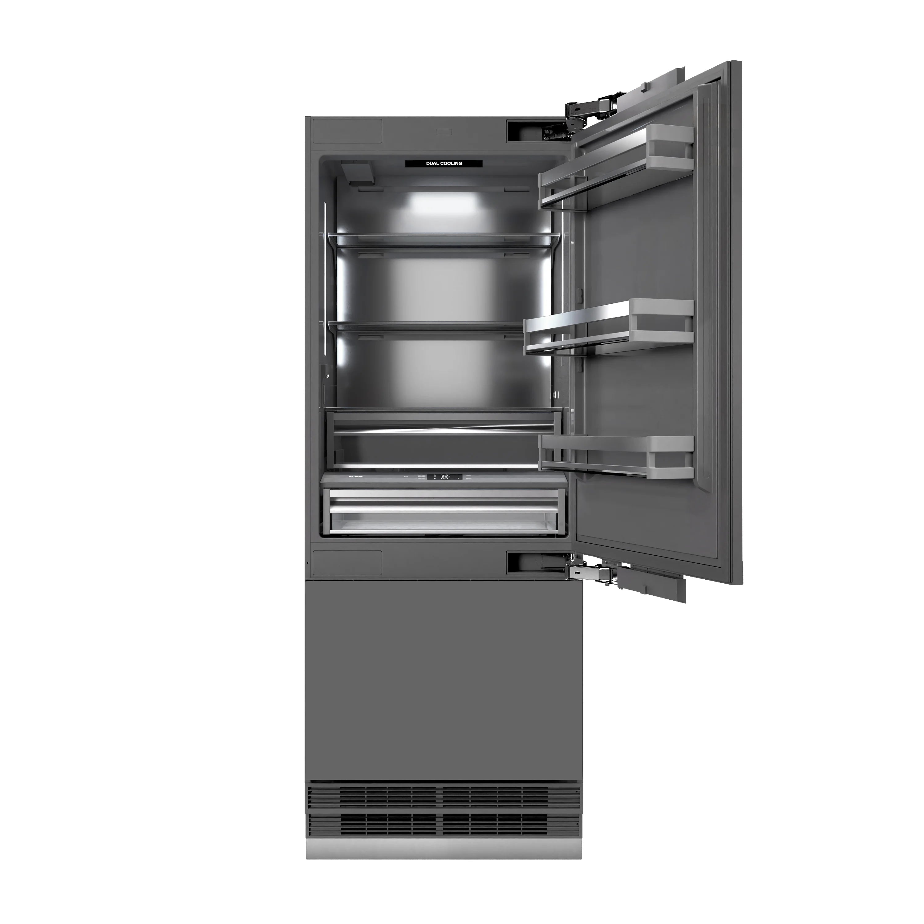 Built-in bottom freezer refrigerator with open compartments and graphite gray interior shelves
