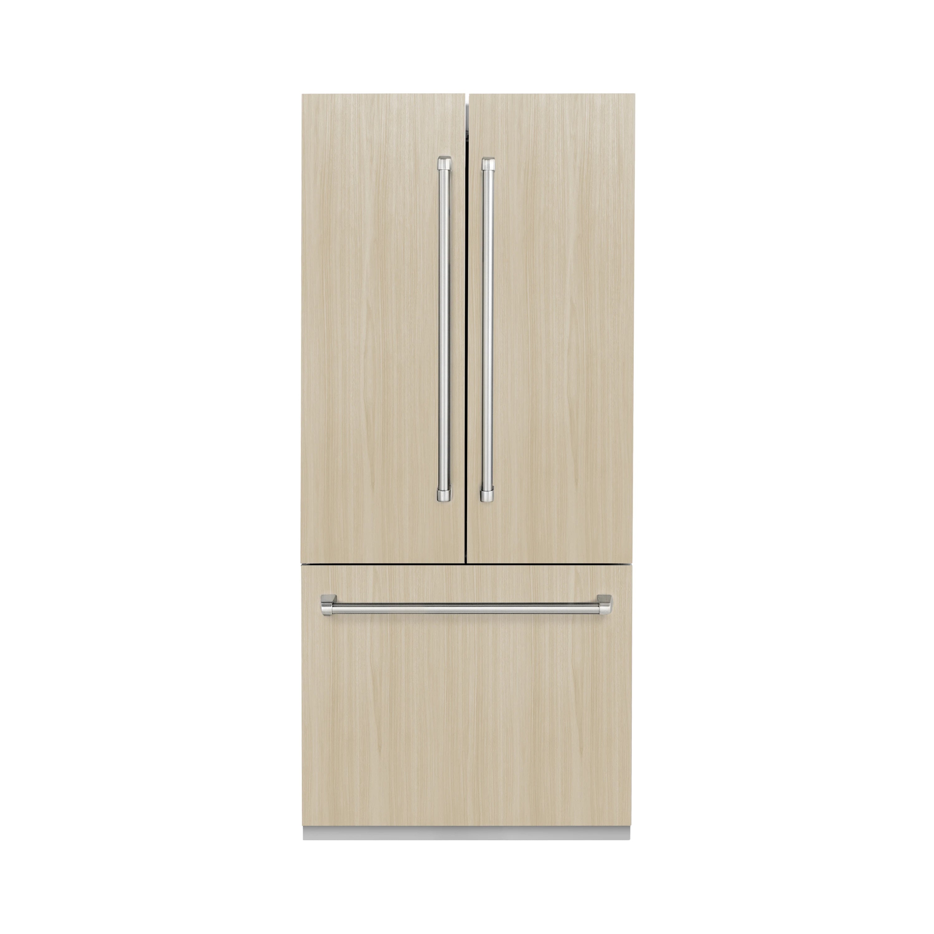 Panel-ready French door bottom freezer refrigerator with dual vertical handles, graphite gray exterior