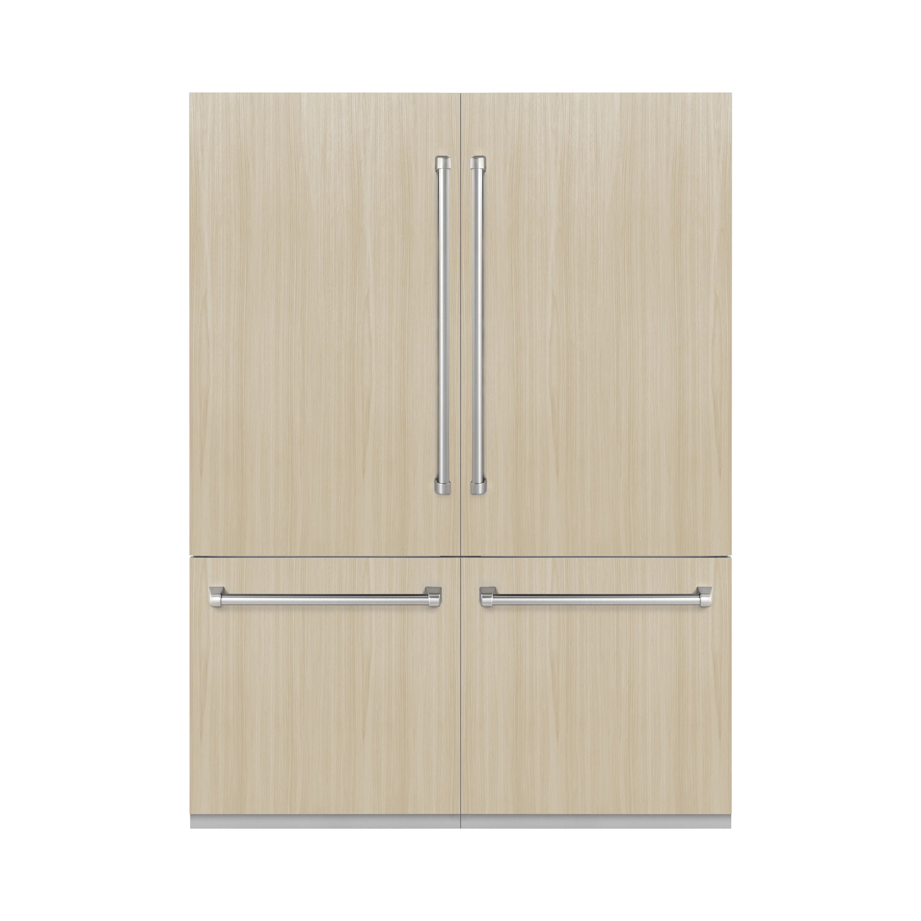 Panel-ready bottom freezer refrigerator front with light wood doors and silver bar handles