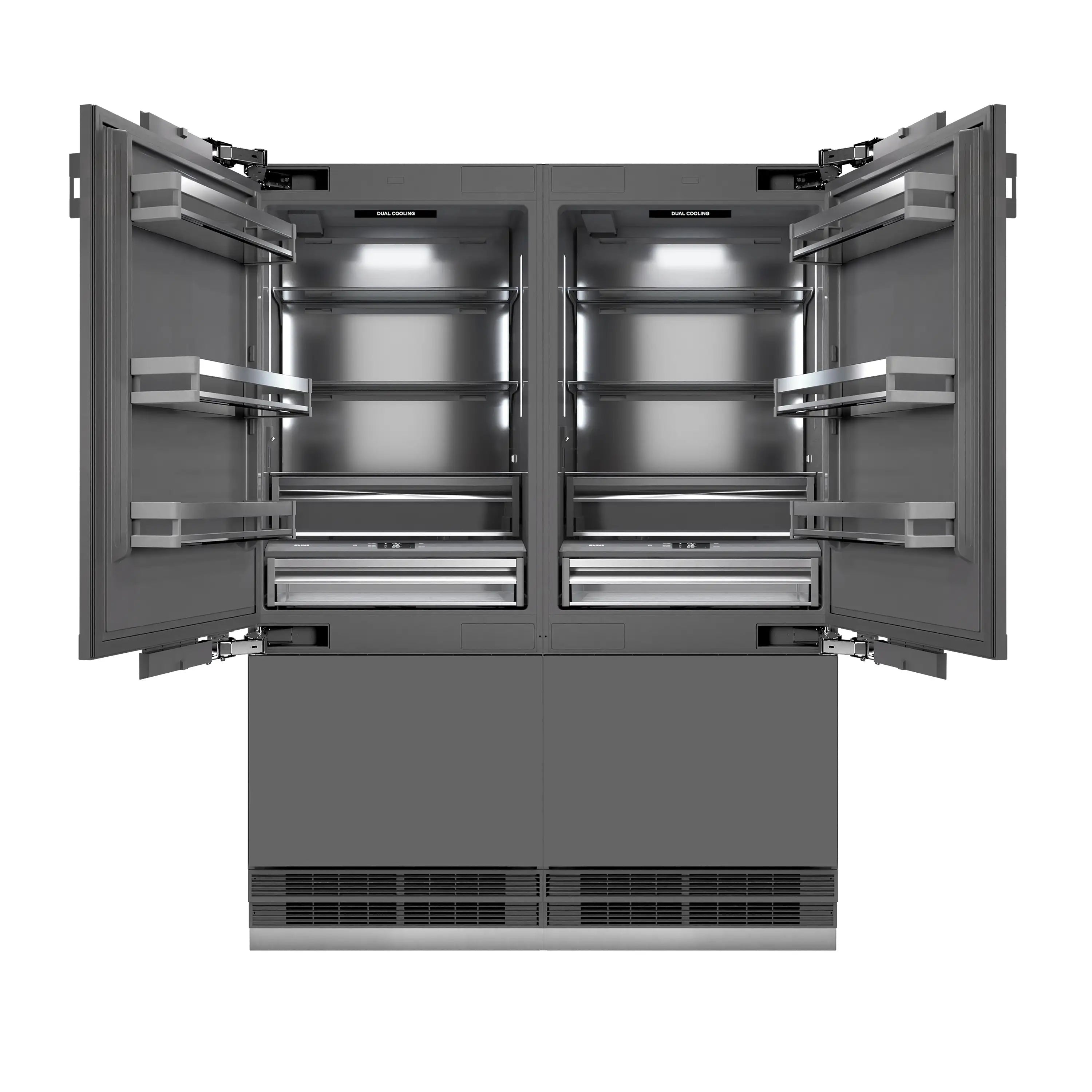 French door refrigerator interior with adjustable shelves, bins, and center divider
