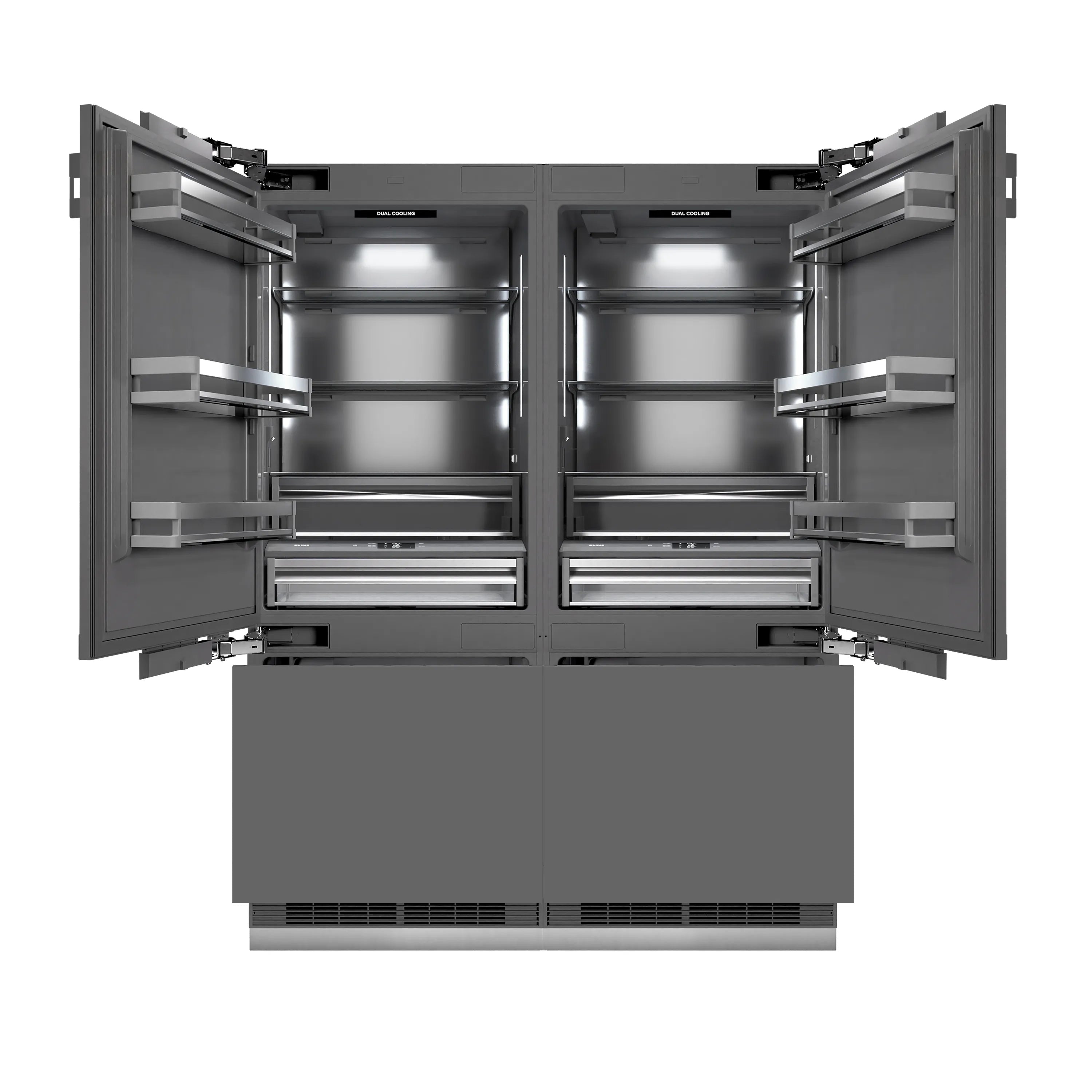 Refrigerator open doors showing upper shelves and bottom freezer drawer vents
