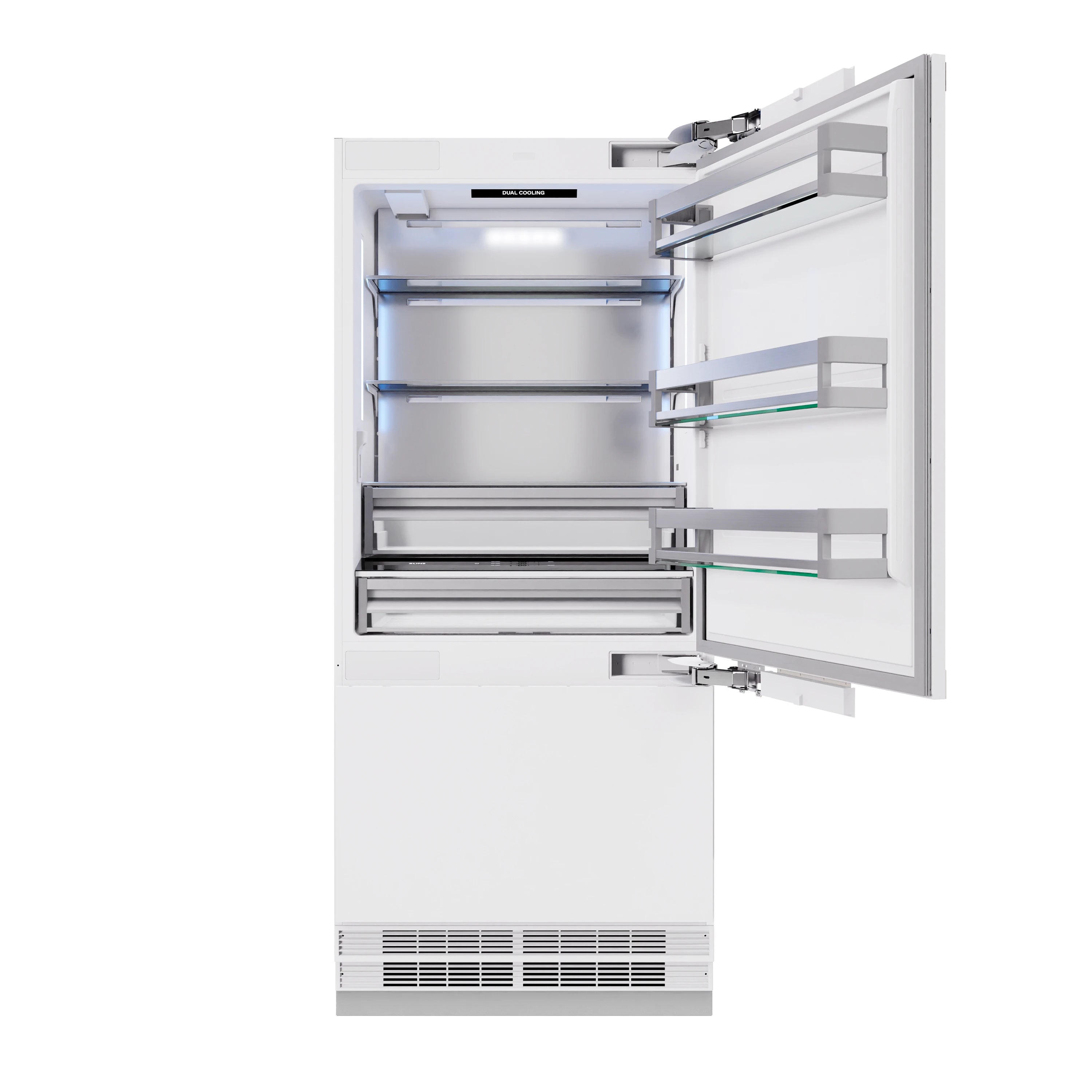 Bottom freezer refrigerator open door showing refrigerator shelves and lower freezer drawer