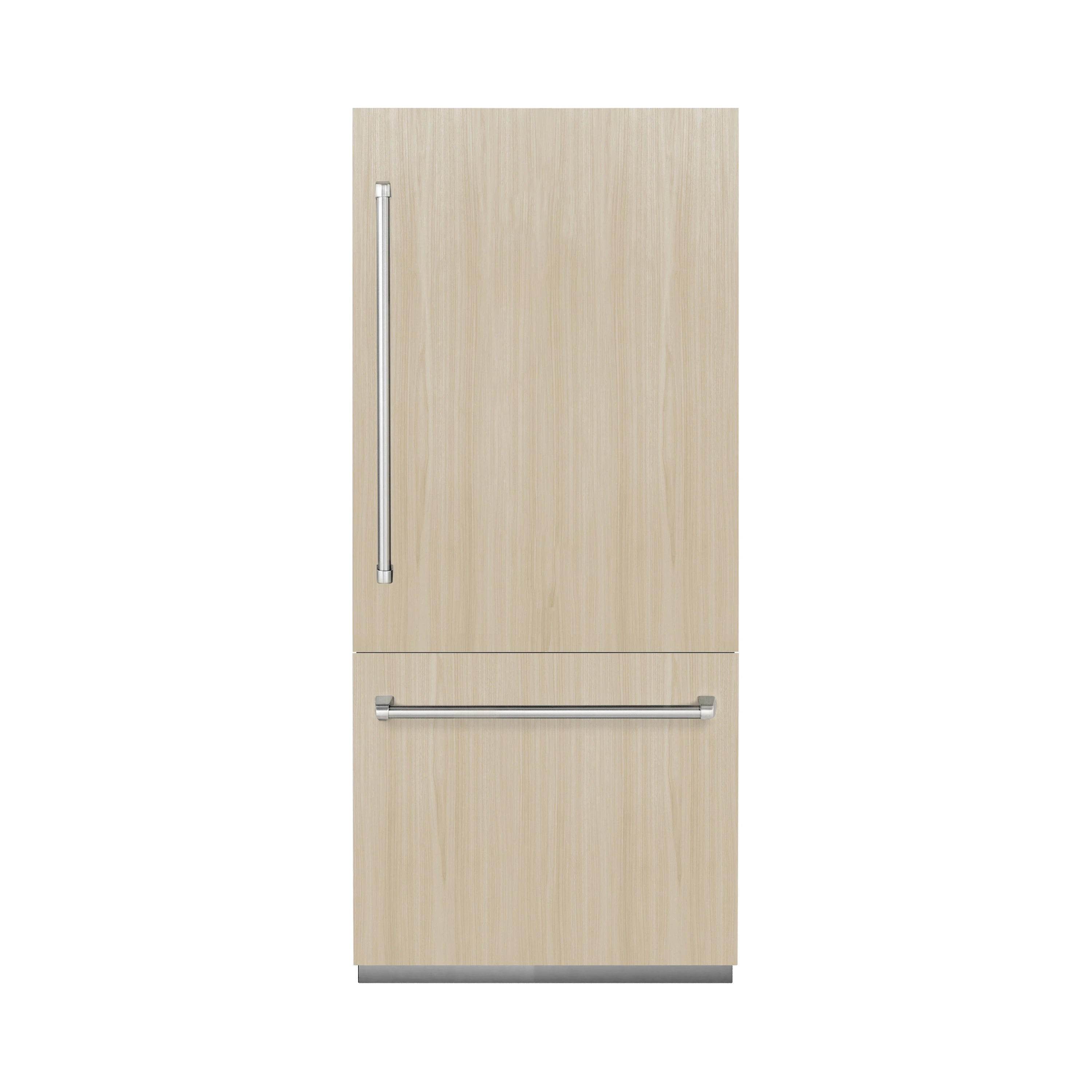Panel-ready bottom freezer refrigerator with light wood panels and stainless handles