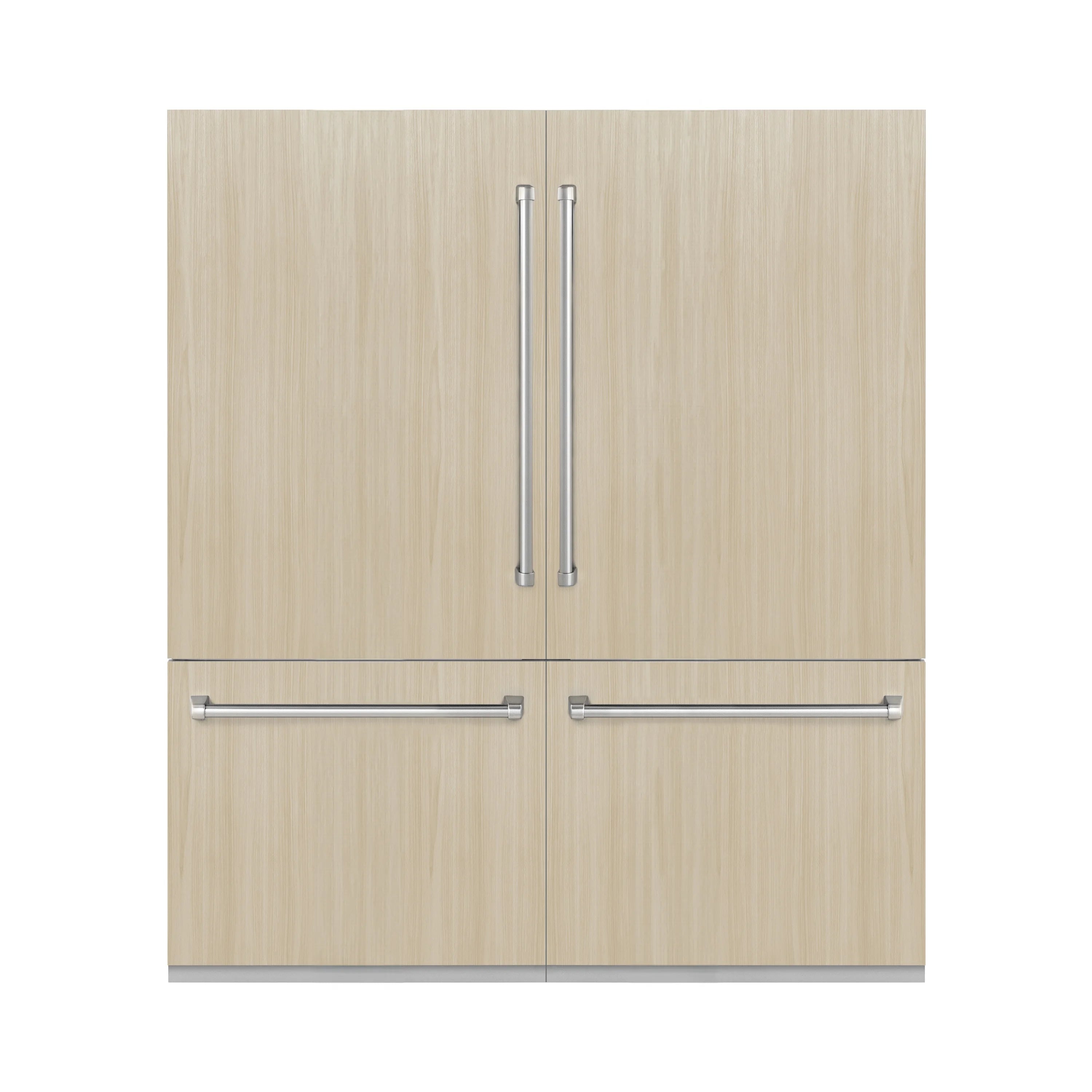 Panel-ready refrigerator front with light wood panels and stainless pull handles