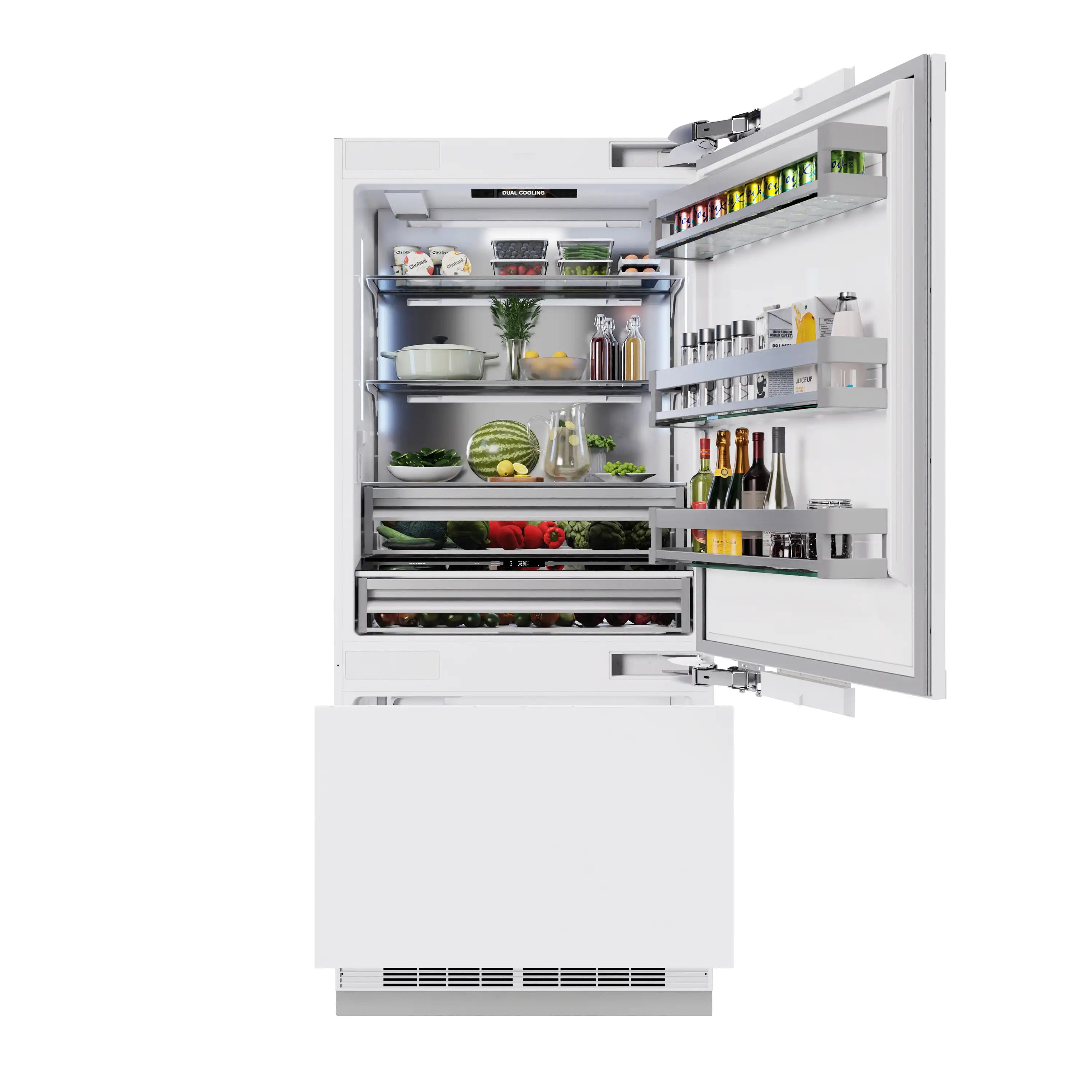 Open built-in refrigerator interior filled with shelves and storage bins