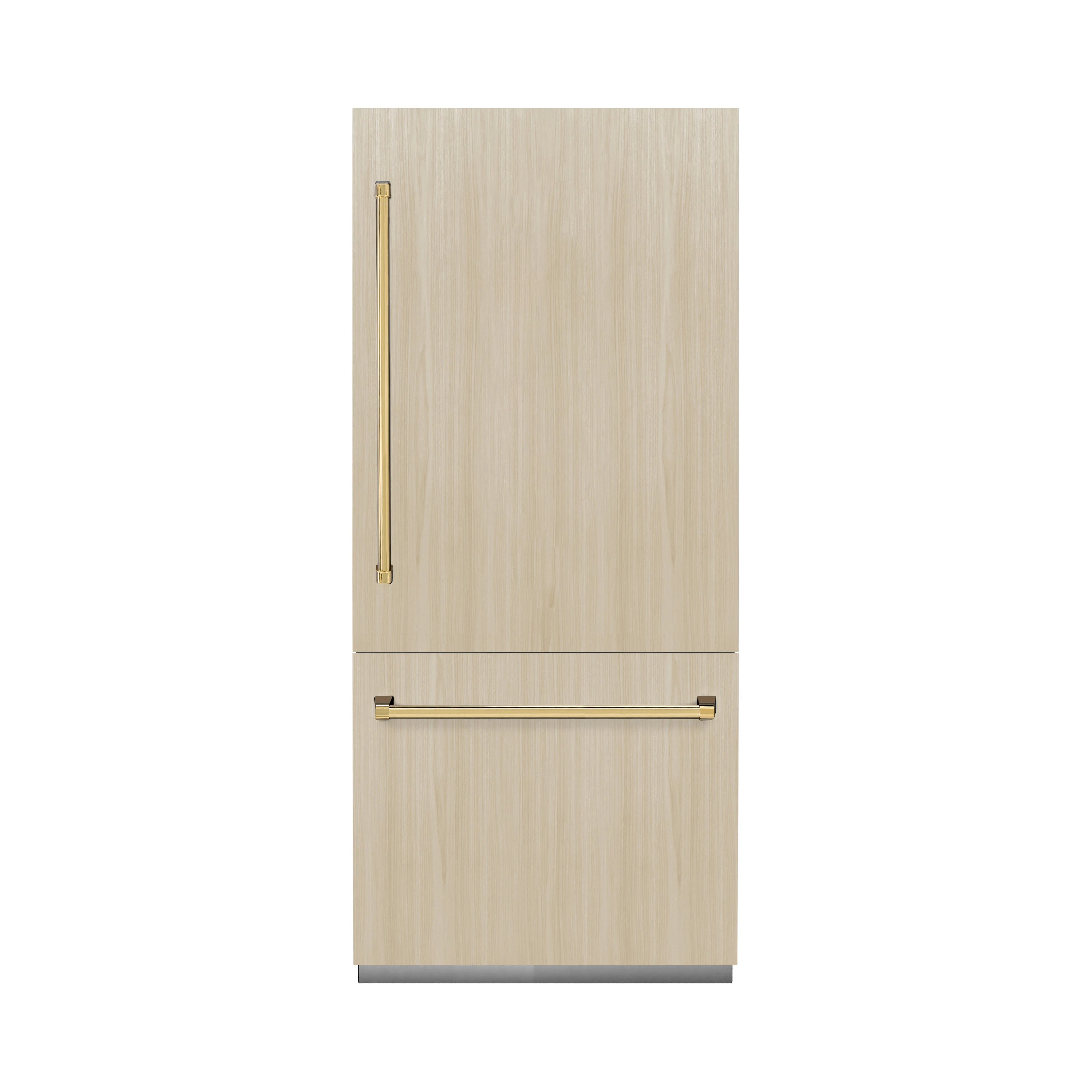 Panel-ready refrigerator with light wood-look door panels and gold handle bars