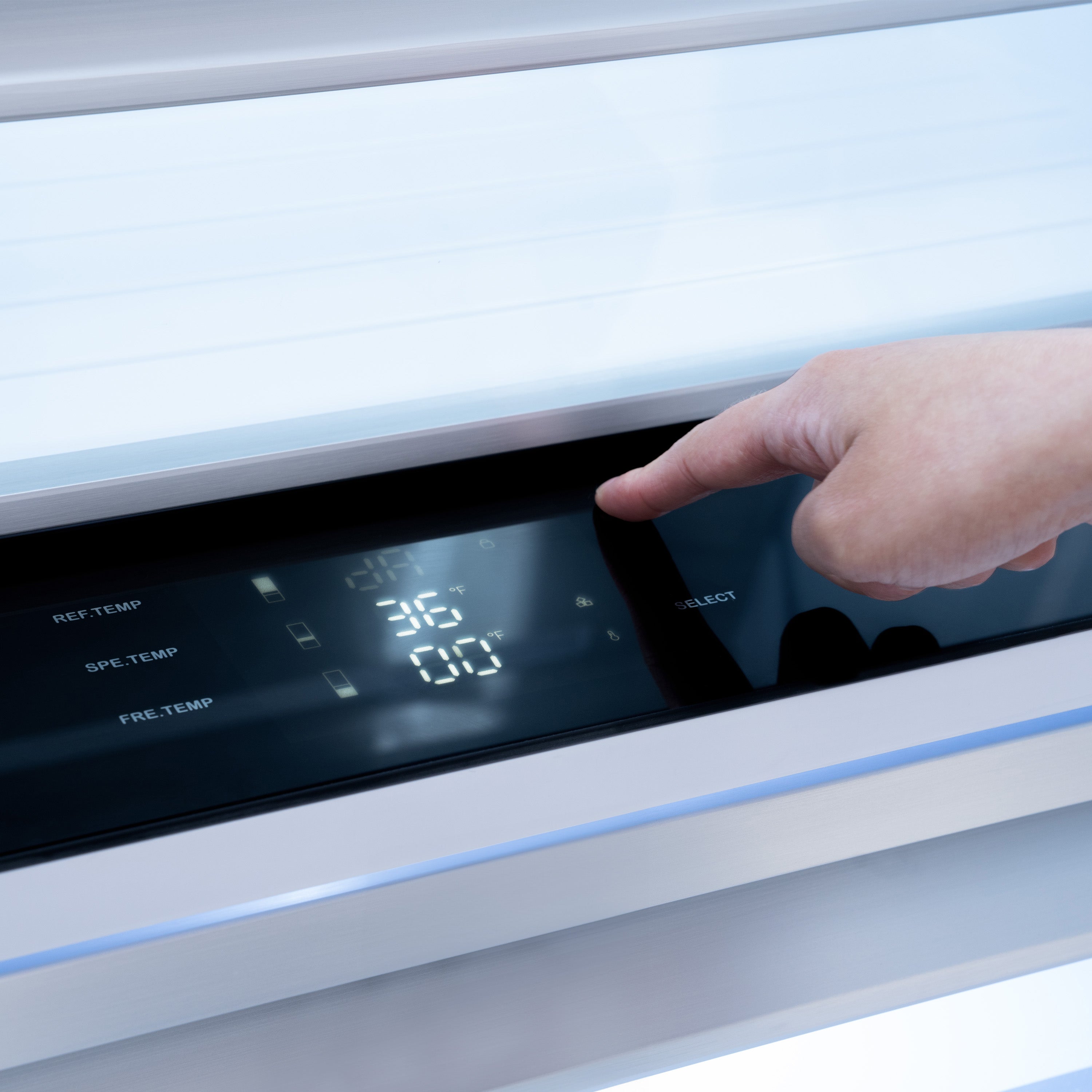 Built-in bottom freezer refrigerator touch control panel with hand selecting settings