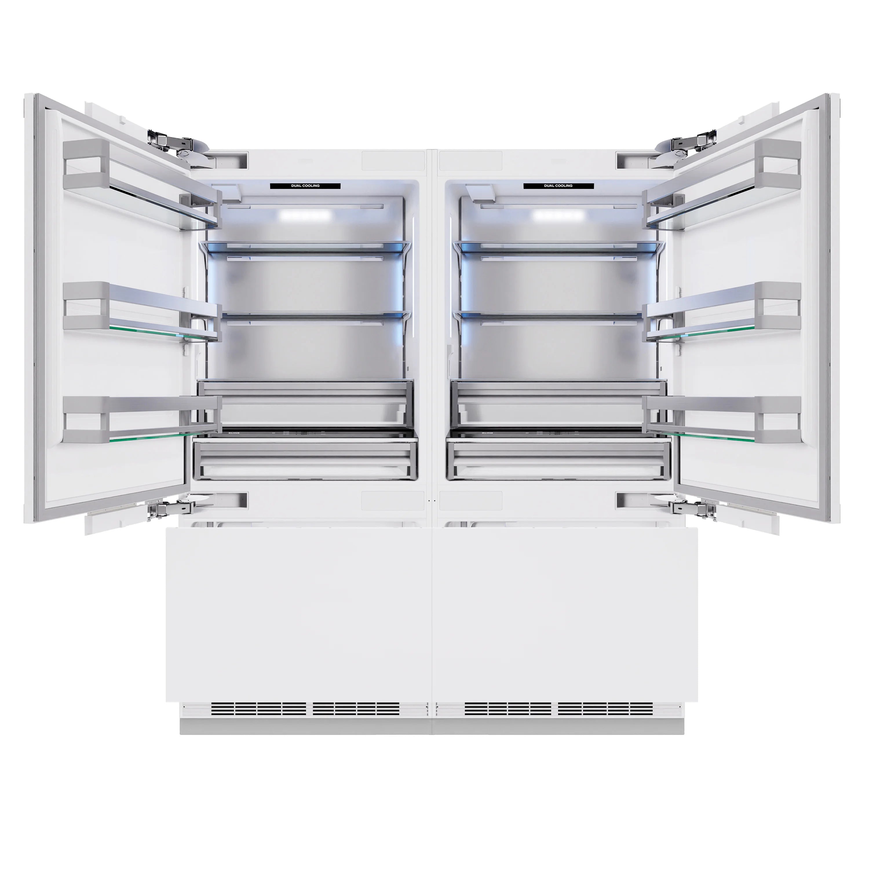 Built-in French door refrigerator open interior view with top shelves and bottom freezer drawer