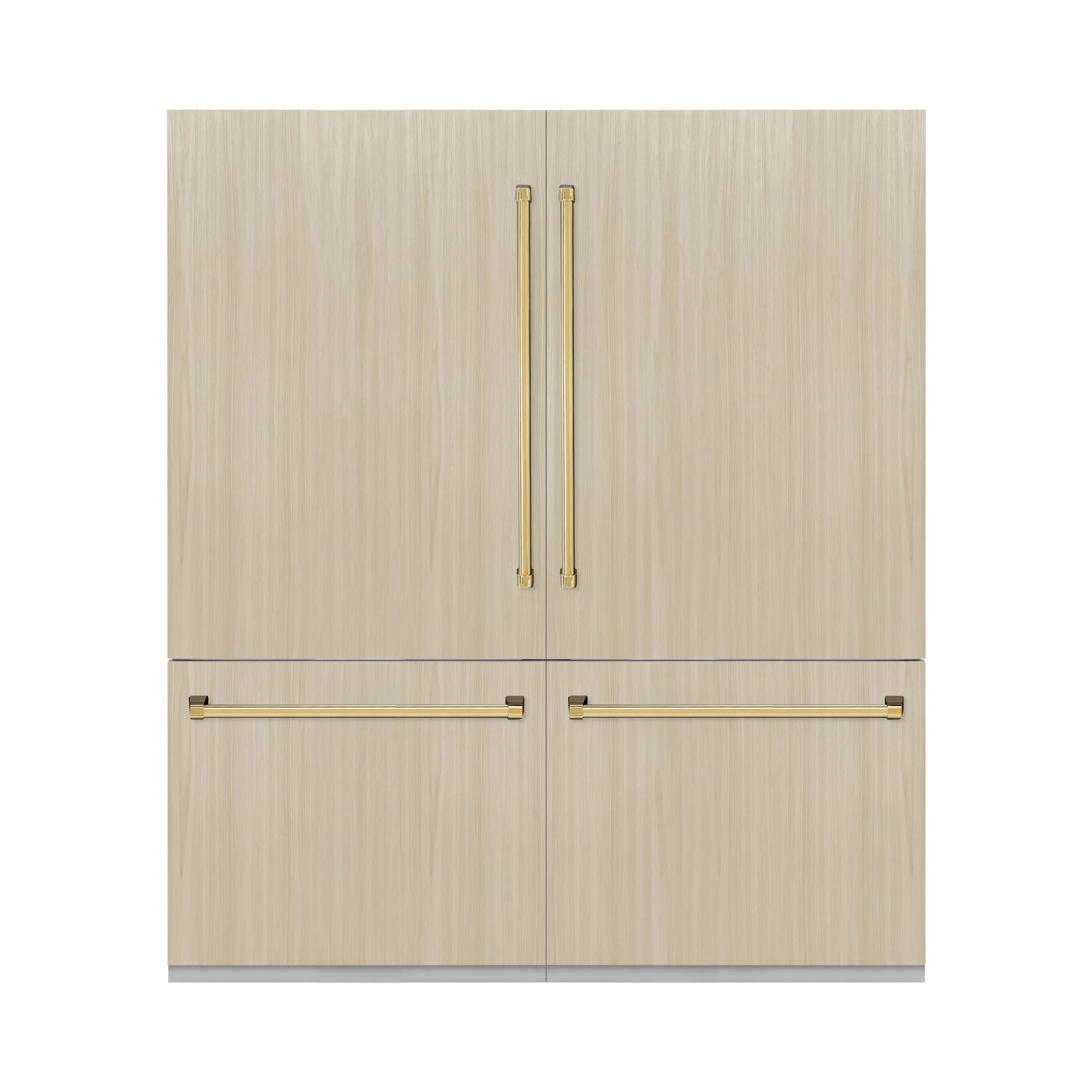 Panel-ready French door refrigerator with light wood-look doors and polished gold handles