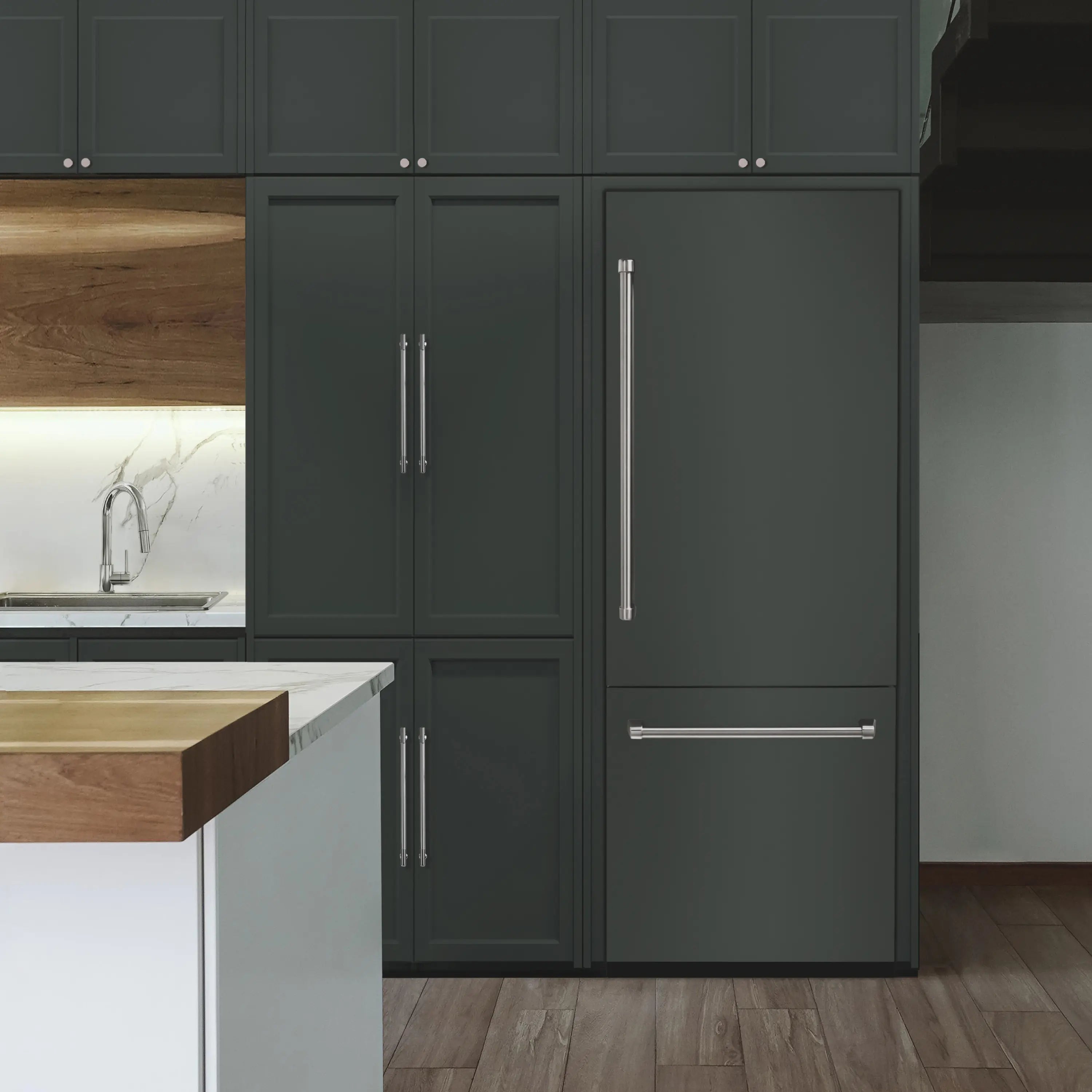 Built-in bottom freezer refrigerator with two-panel door and long silver handles