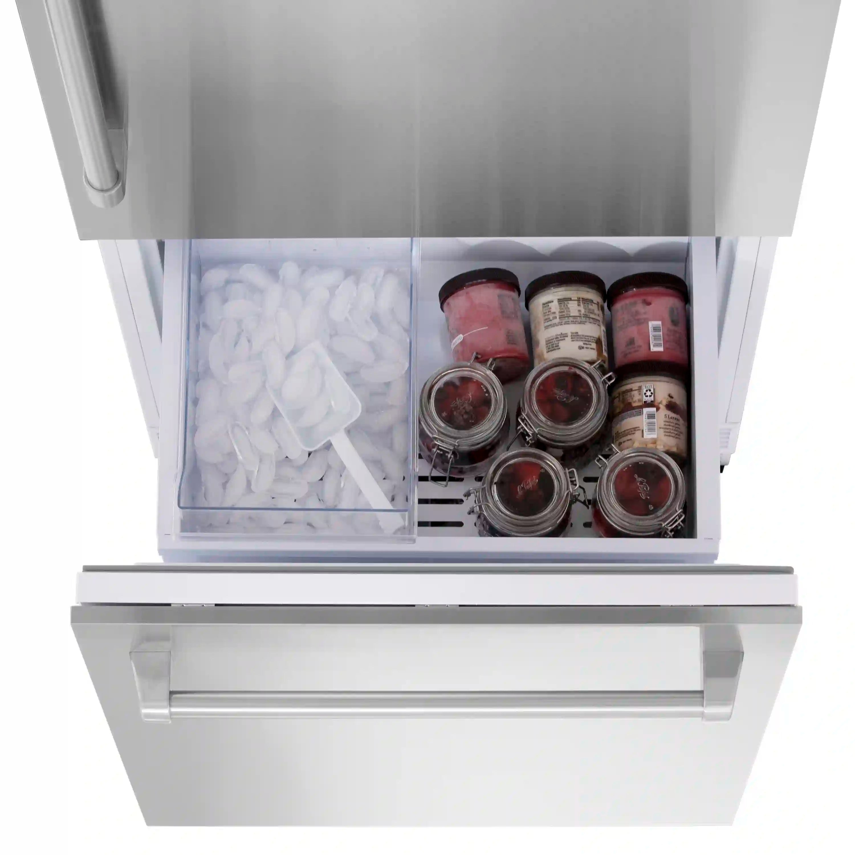 Refrigerator door compartments with ice bin and jars
