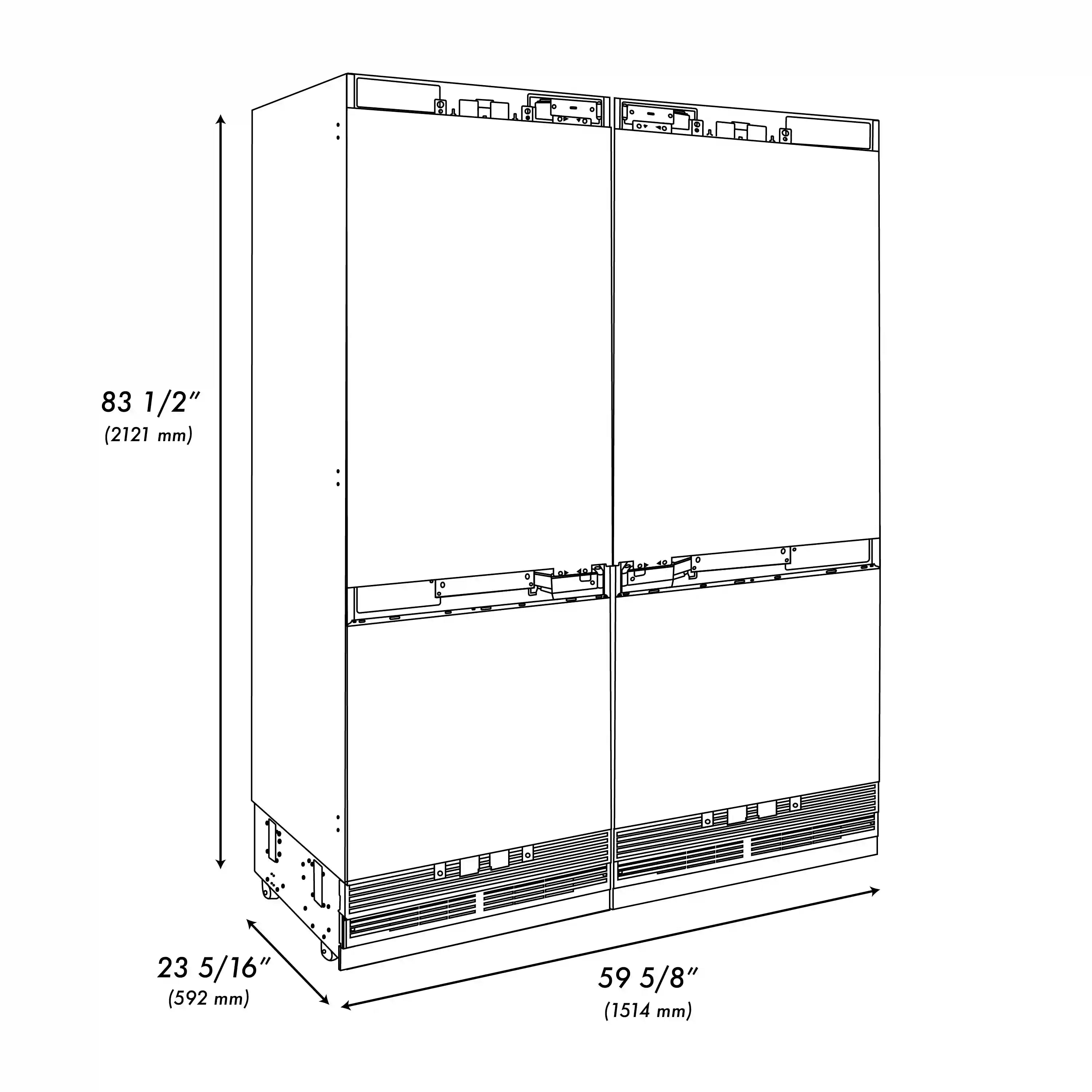 Built-in 4-door panel-ready refrigerator, white spec diagram with dimensions