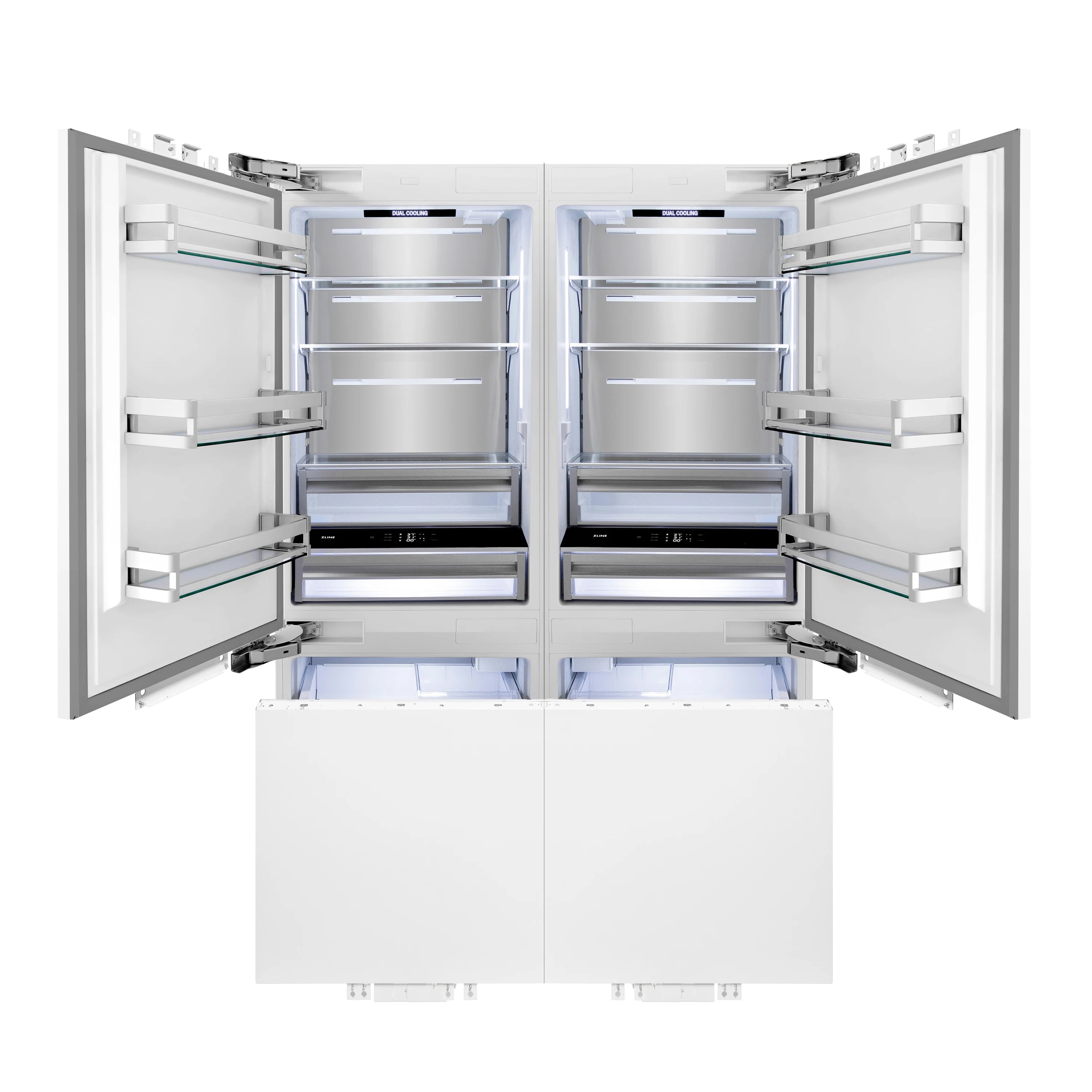Built-in French door refrigerator interior with open drawers and shelves