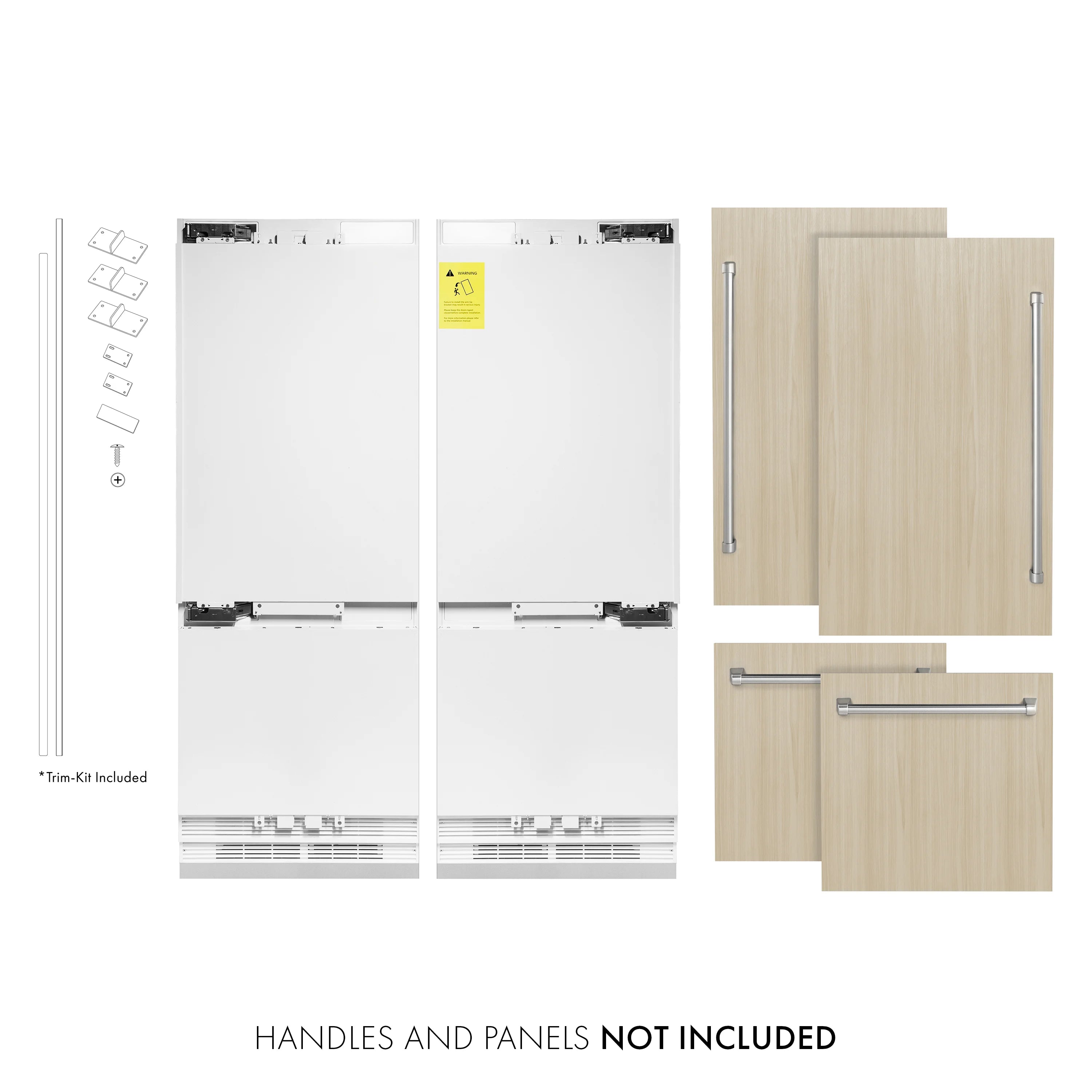 Panel-ready refrigerator door panel and handle components shown in layout