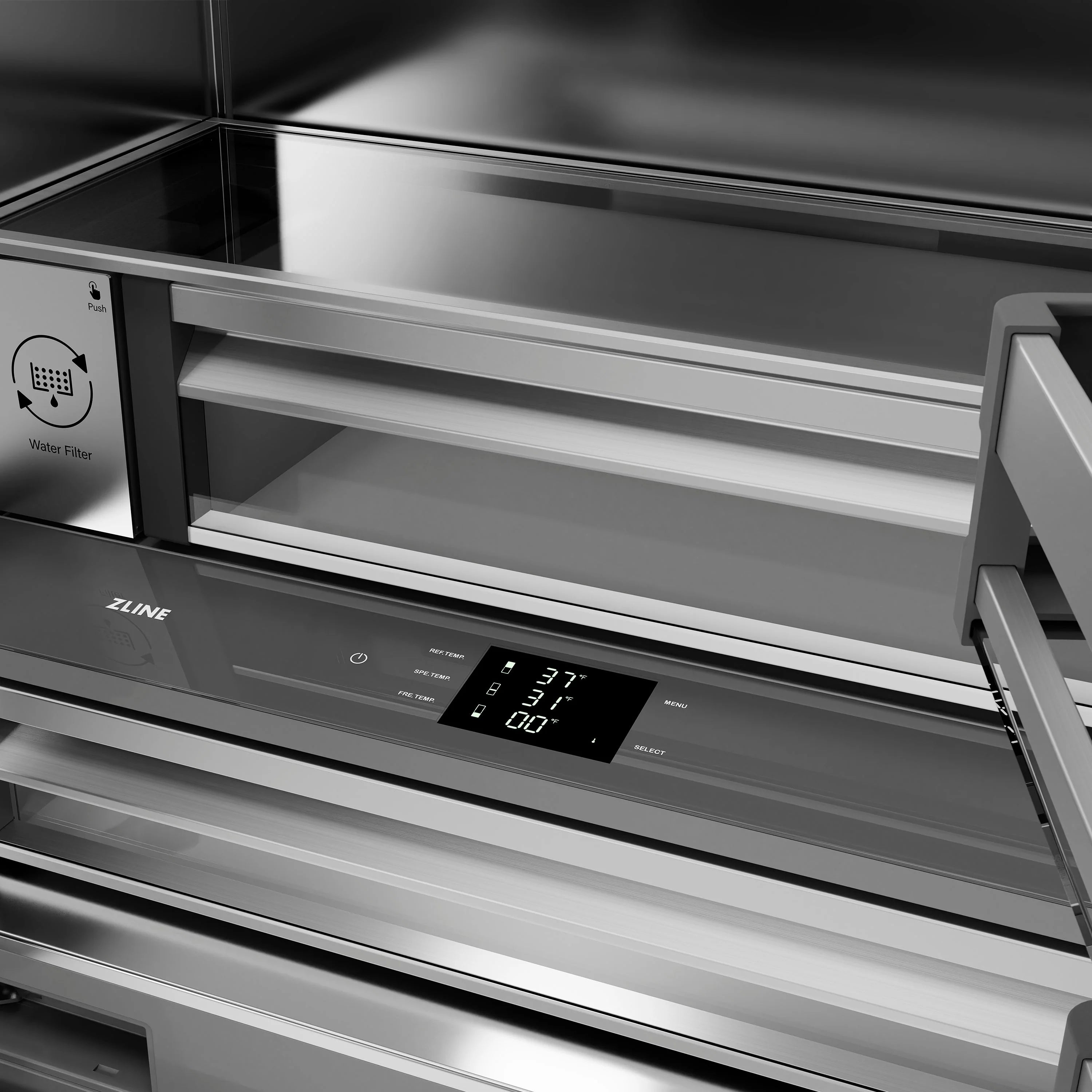 Stainless steel bottom freezer drawer with open shelves and digital control panel