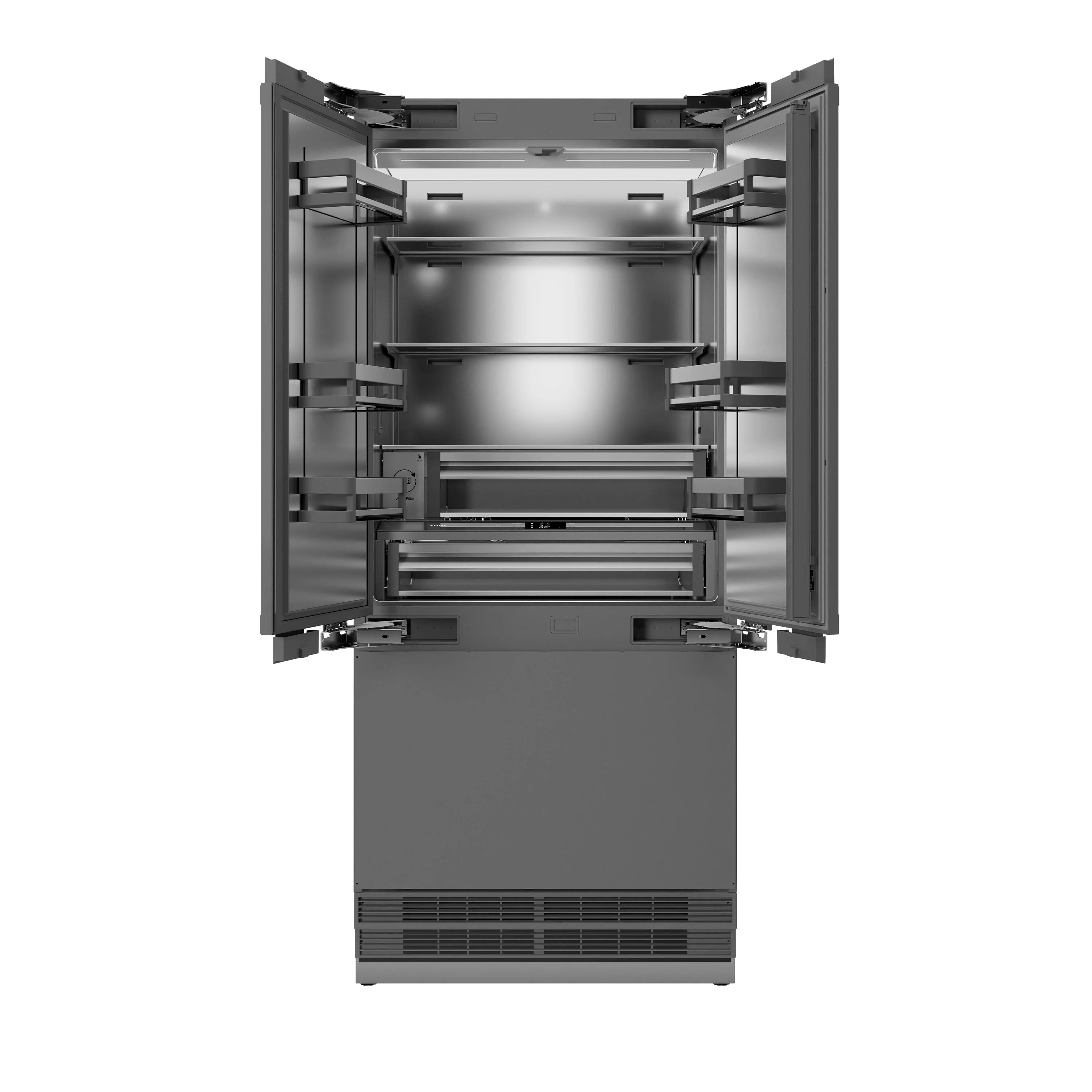 Panel-ready built-in refrigerator open with stainless interior shelves and bottom freezer basket