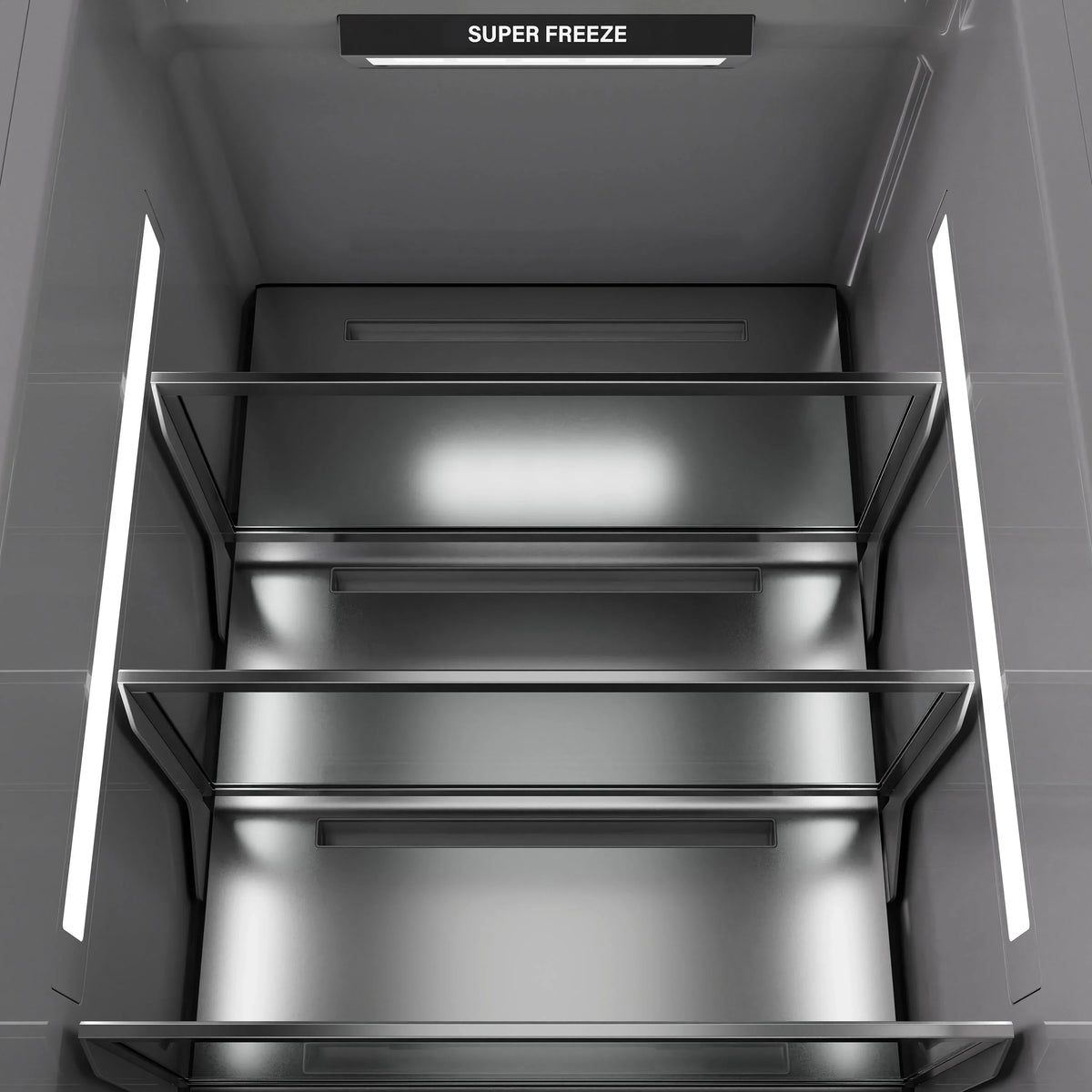 Freezer interior with metal shelves and “SUPER FREEZE” indicator panel