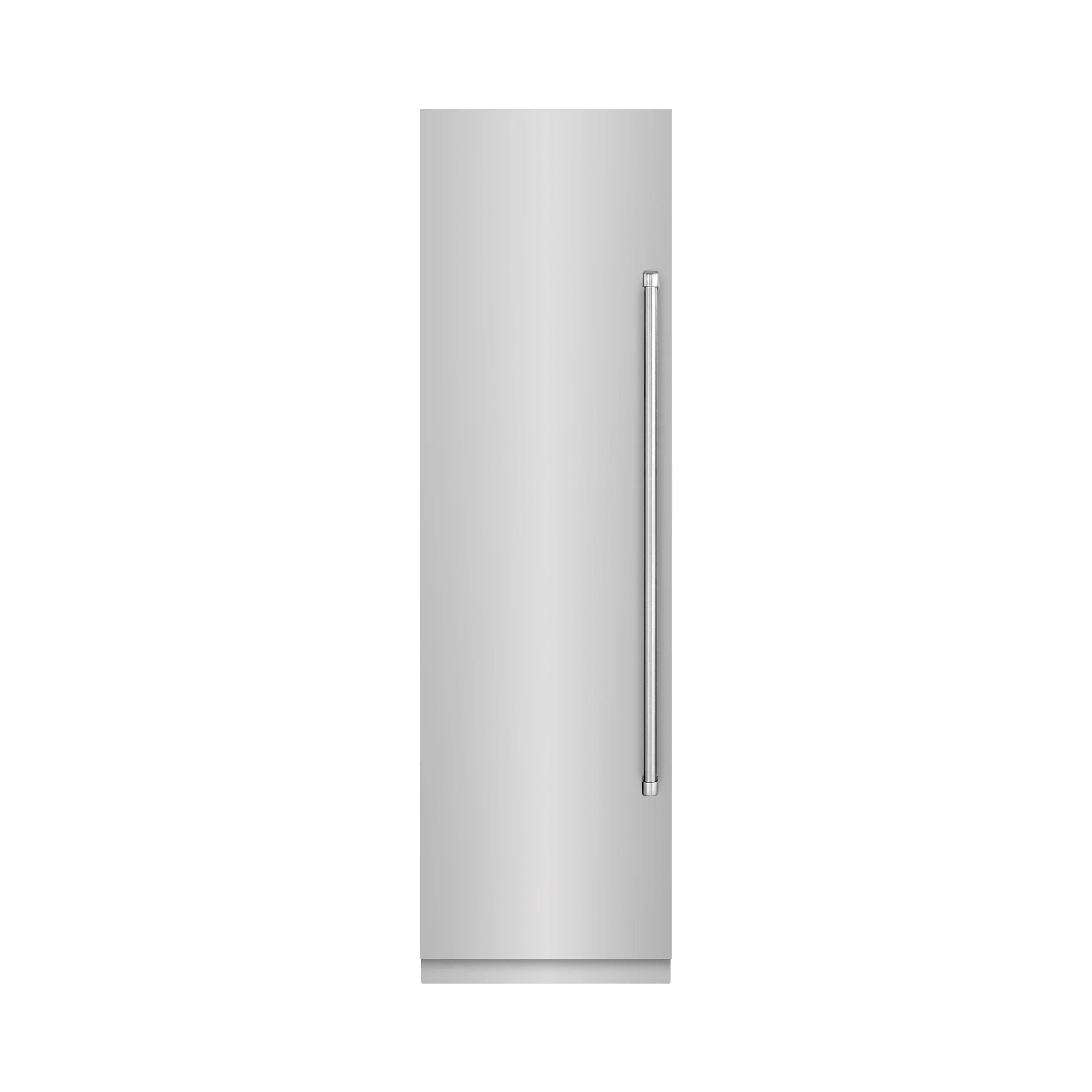 Stainless steel column refrigerator with vertical bar handle and flat smooth door.