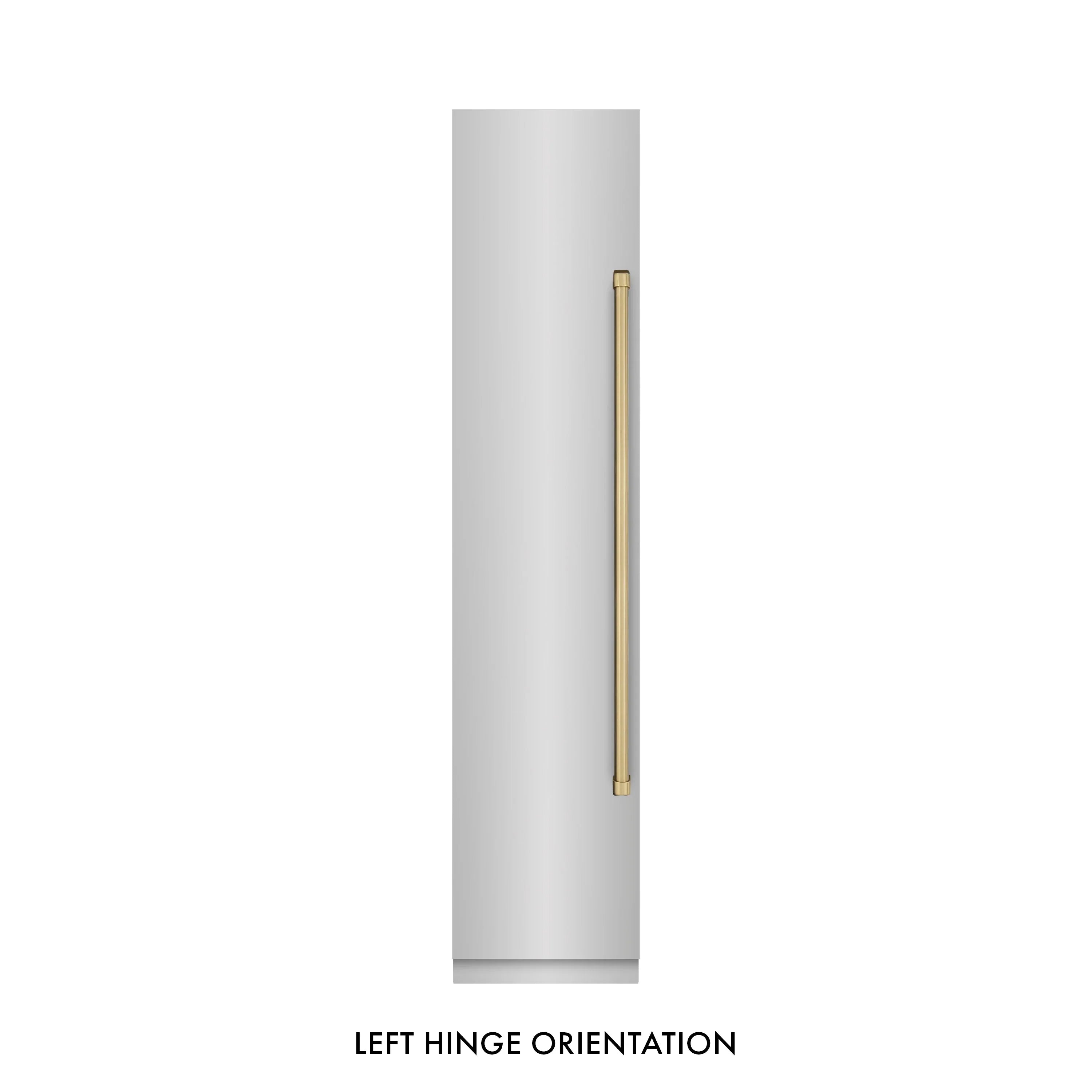 Stainless steel refrigerator-freezer with left-hinge champagne bronze handle.